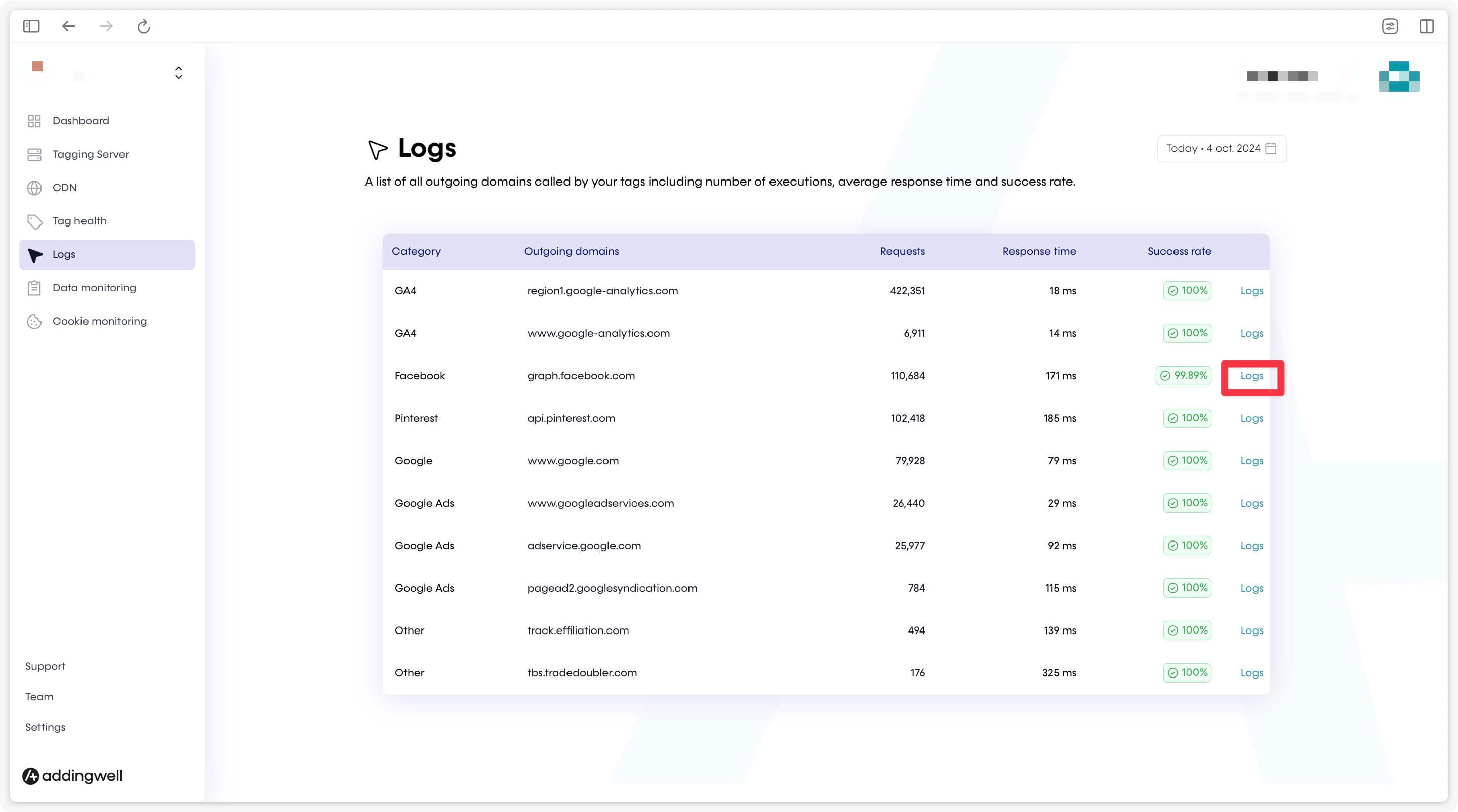 Detailed logs of Meta Conversions API requests in Addingwell Container