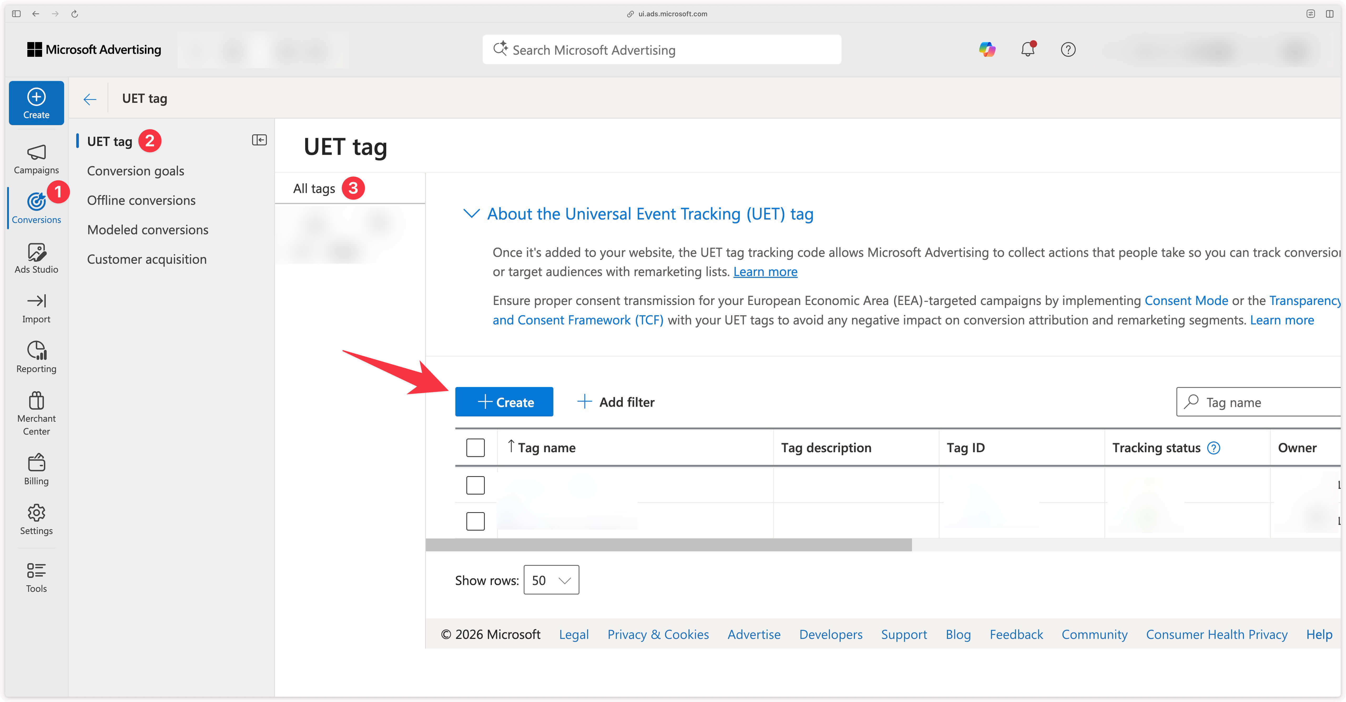Menu to create a new UET Tag