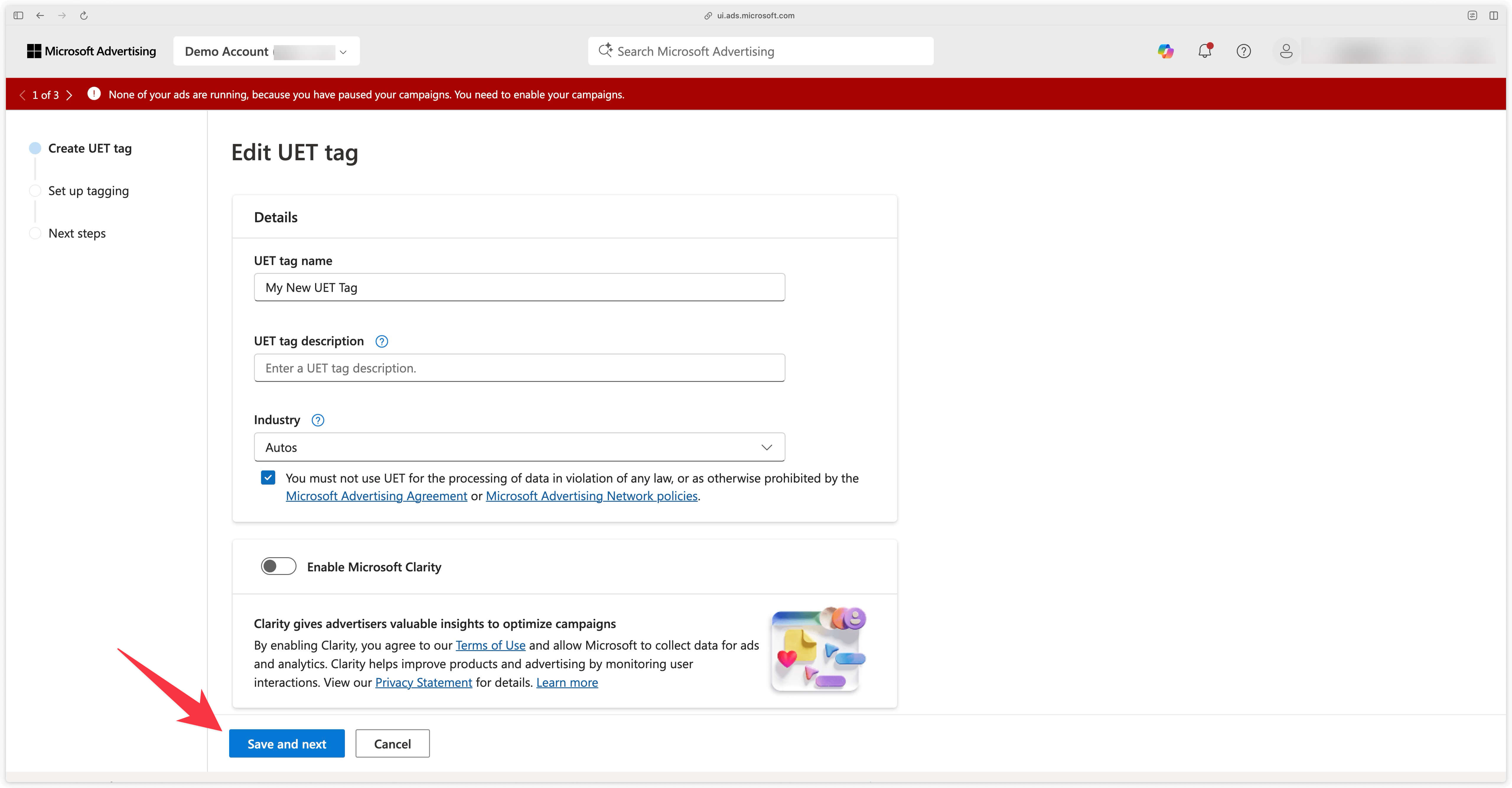 Editing the UET tag: Create UET tag