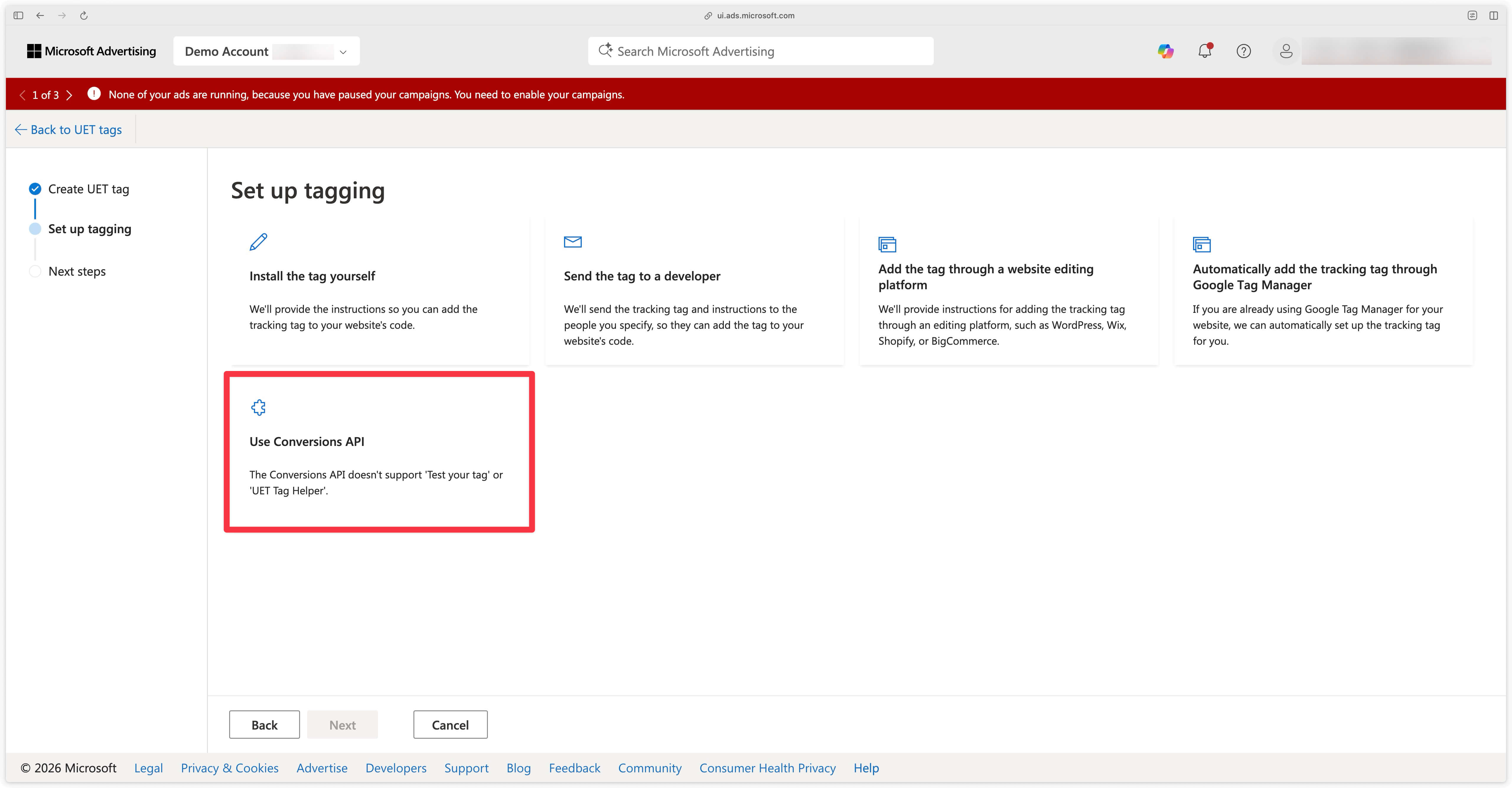 Editing the UET tag: Set up tagging