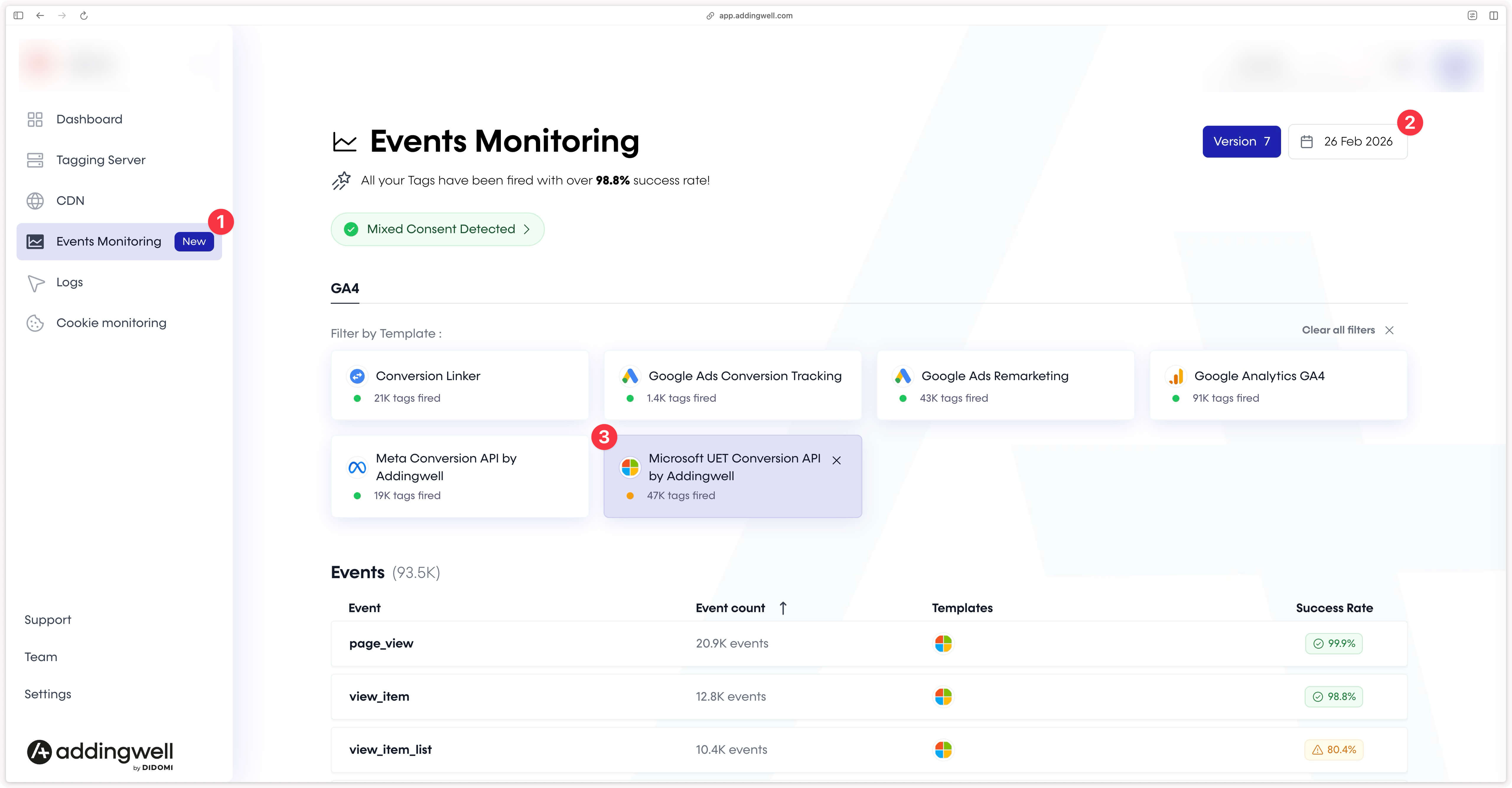 Verifying Microsoft UET Conversion API requests on the Addingwell container via Events Monitoring