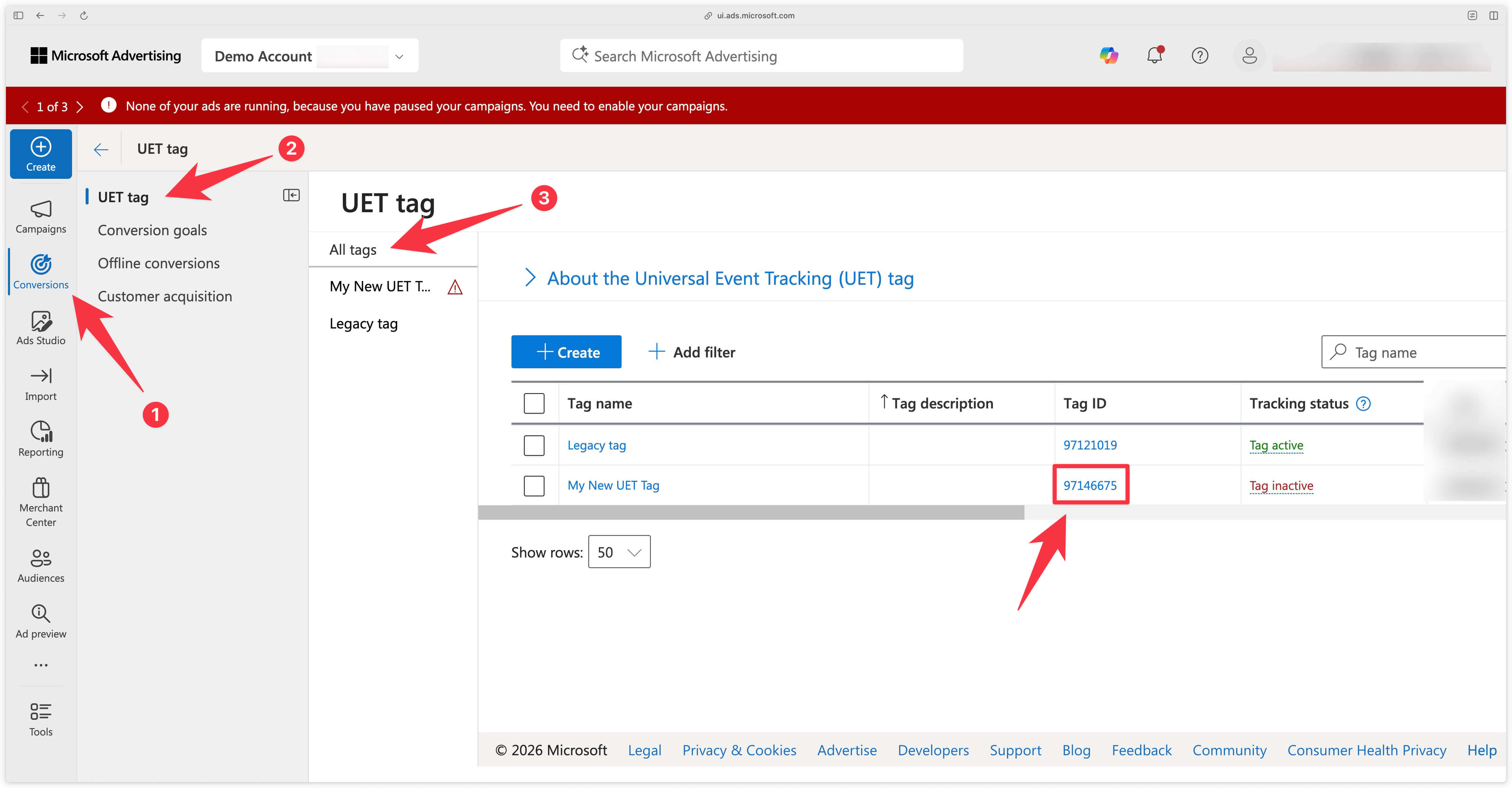 Tag ID column in the UET Tags section of Microsoft Ads