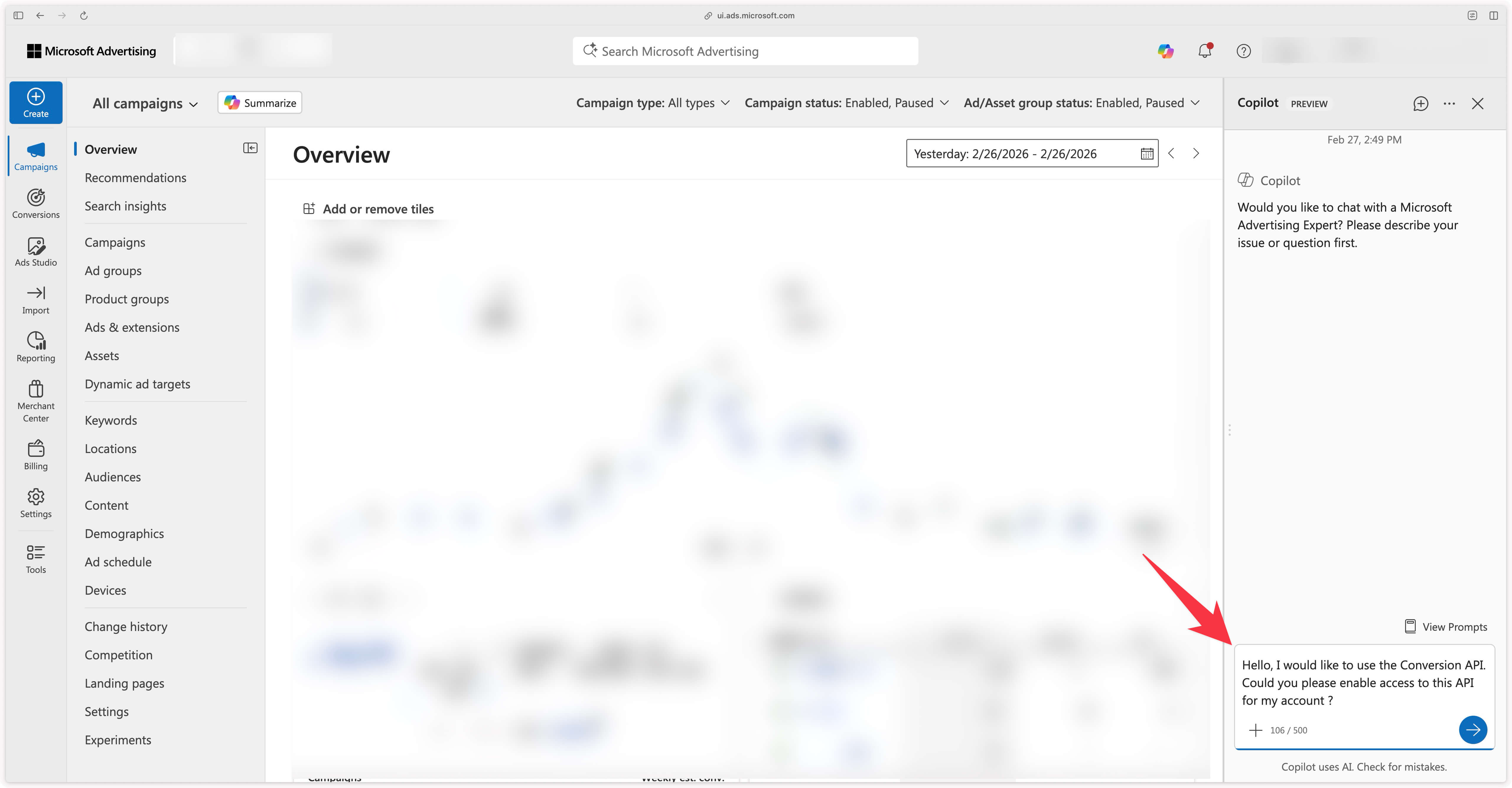 Question to ask in the chat with Microsoft Ads support
