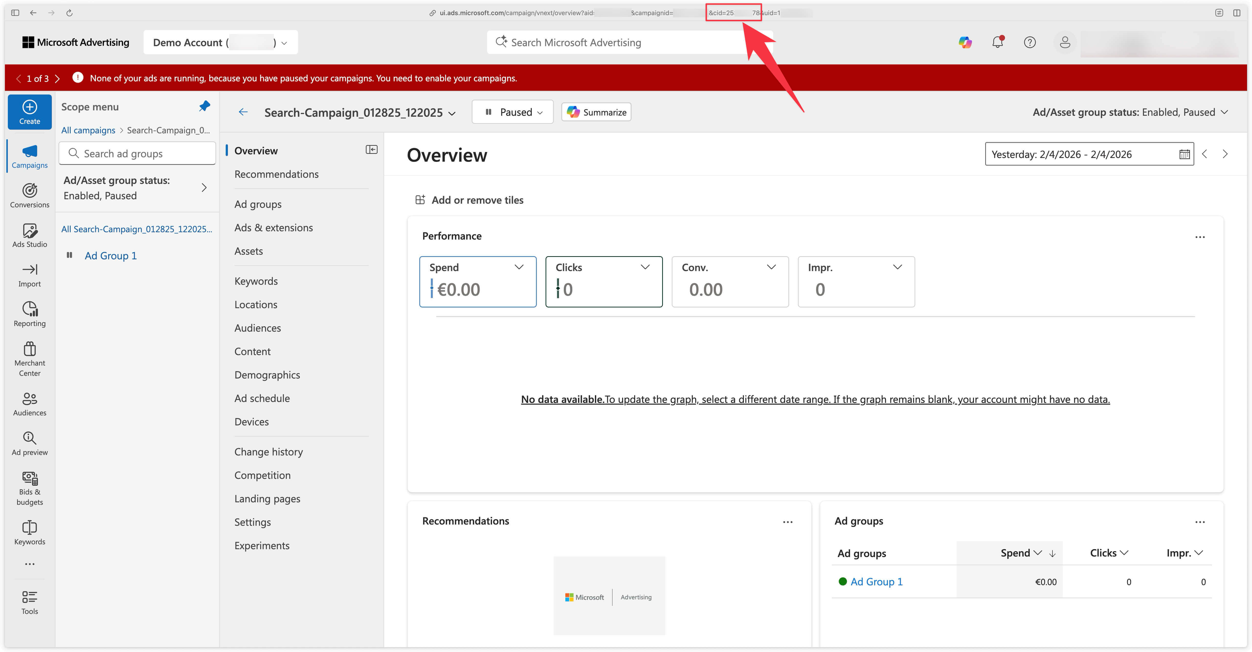 cid parameter in the Microsoft Ads URL