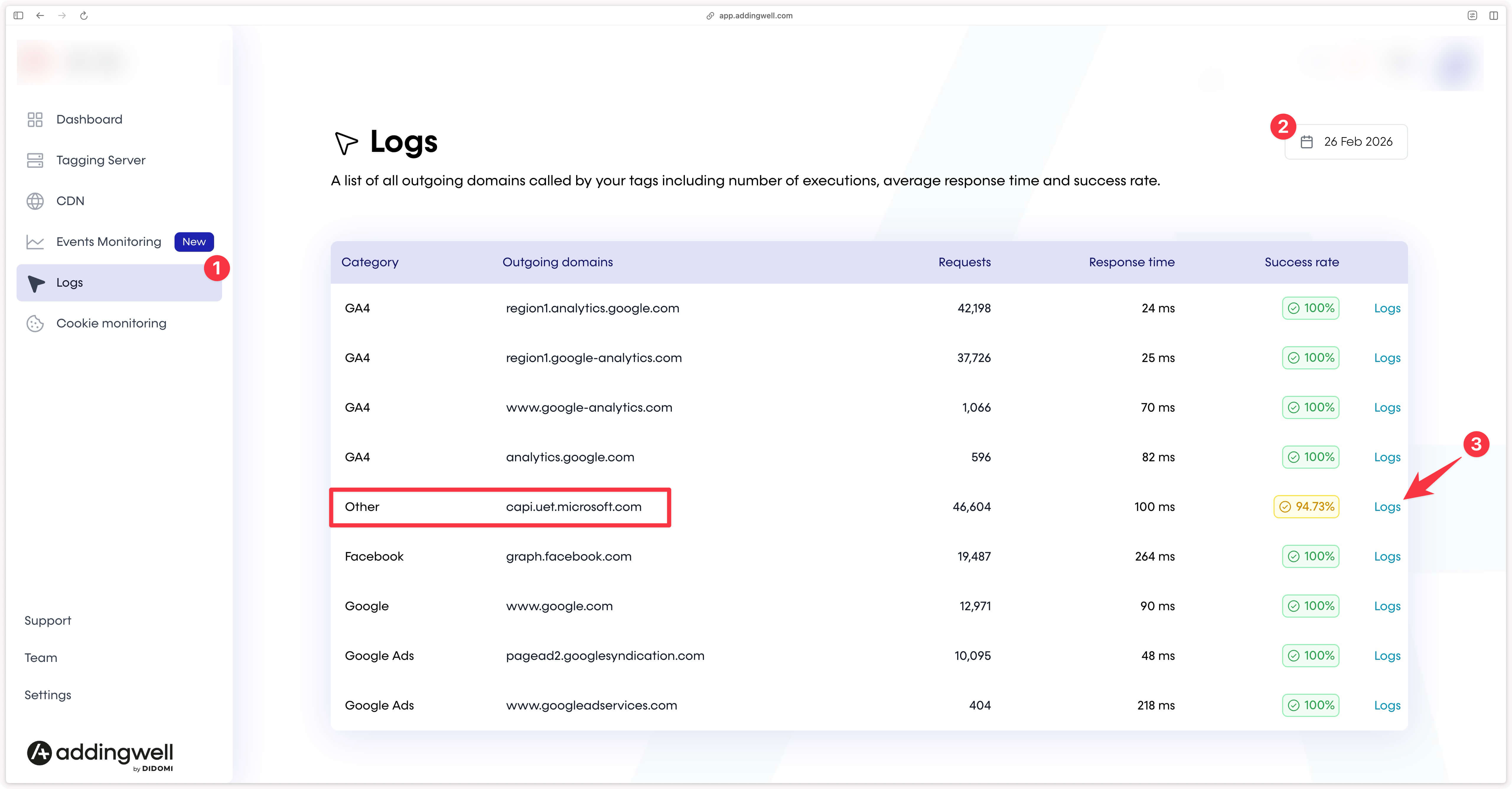 Log details on Microsoft UET Conversion API requests via the Addingwell container