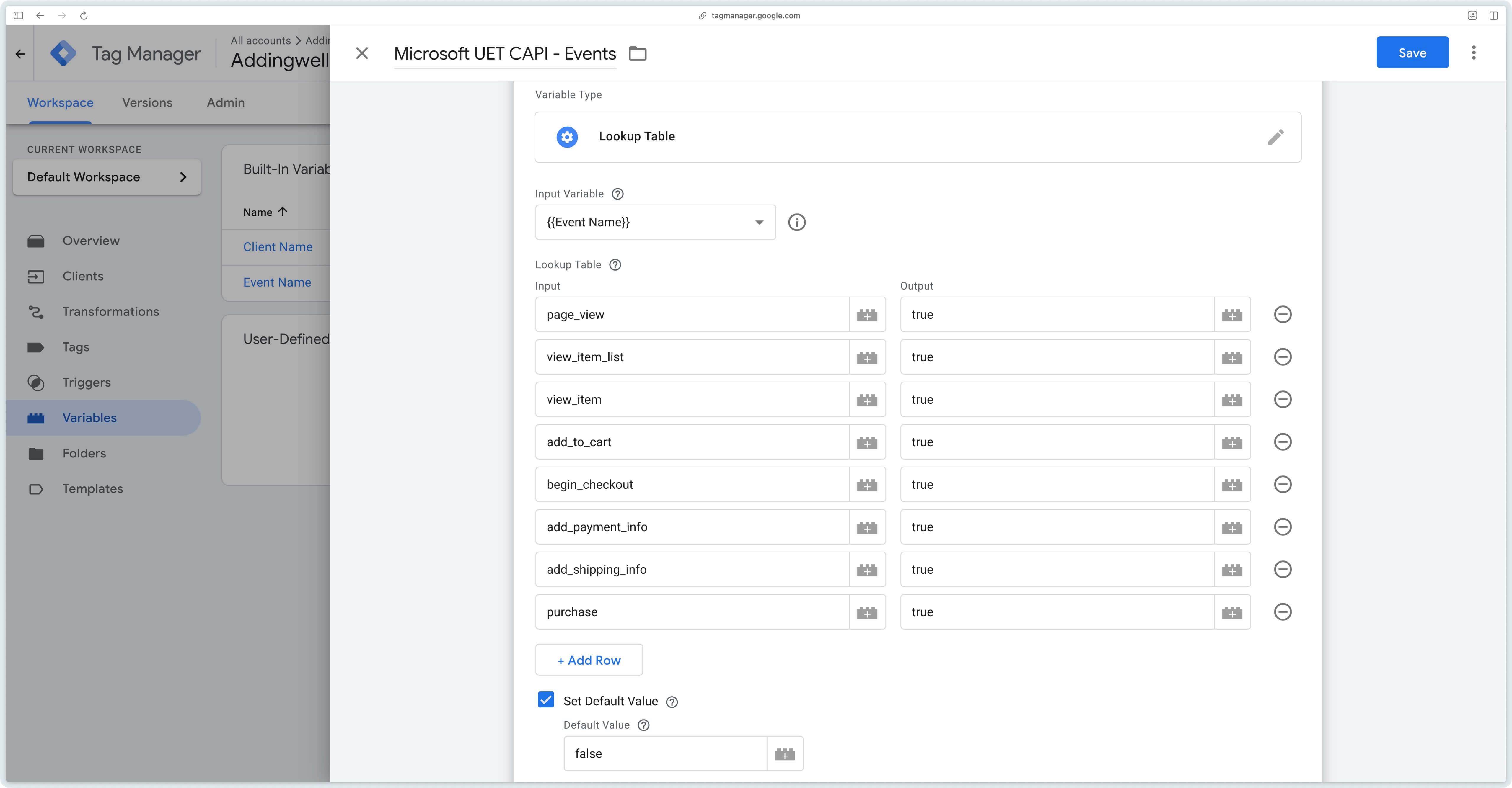 Lookup table configuration in Google Tag Manager Server-Side