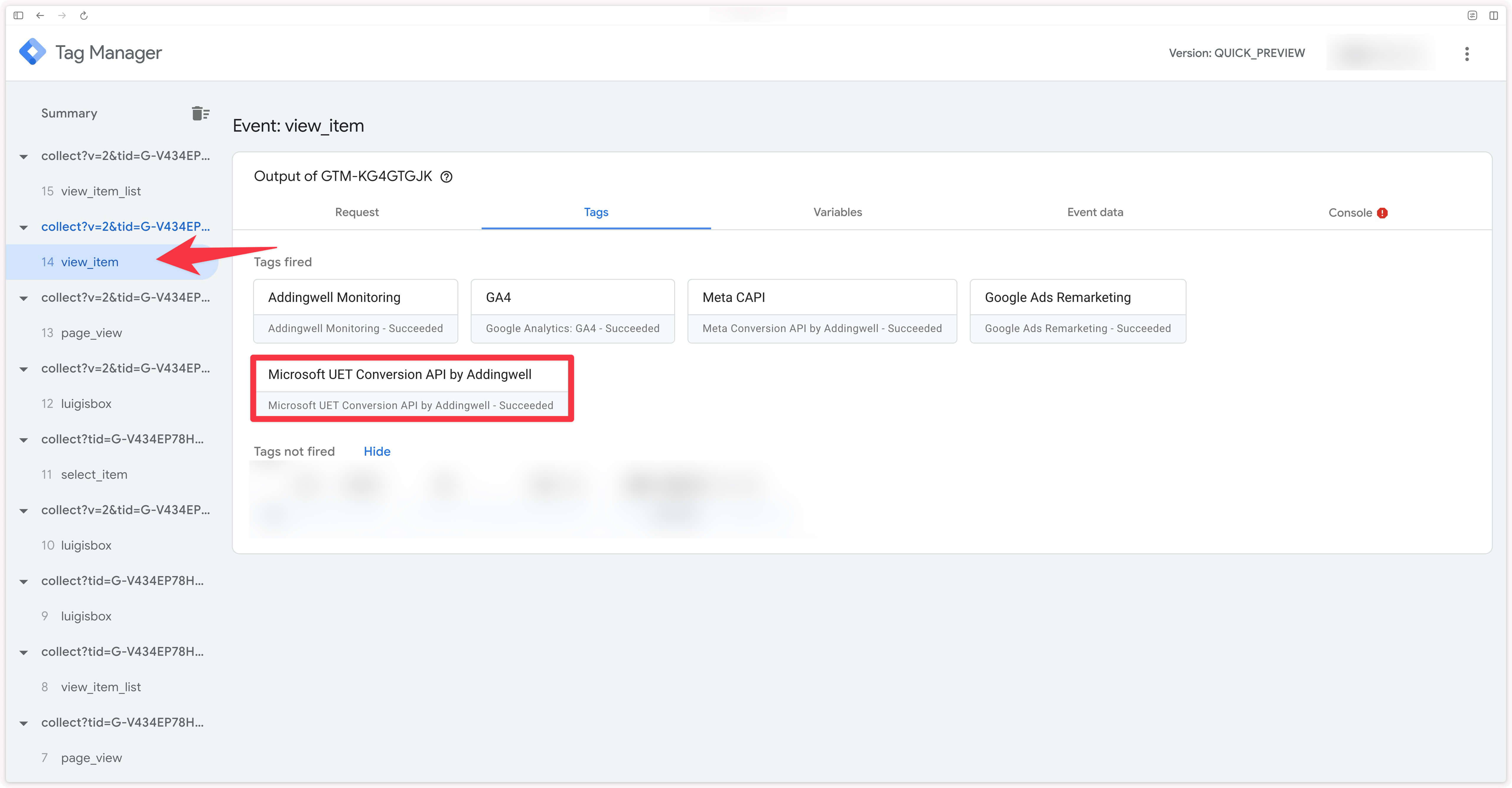 Verifying the Microsoft UET Conversion API tag firing in server-side