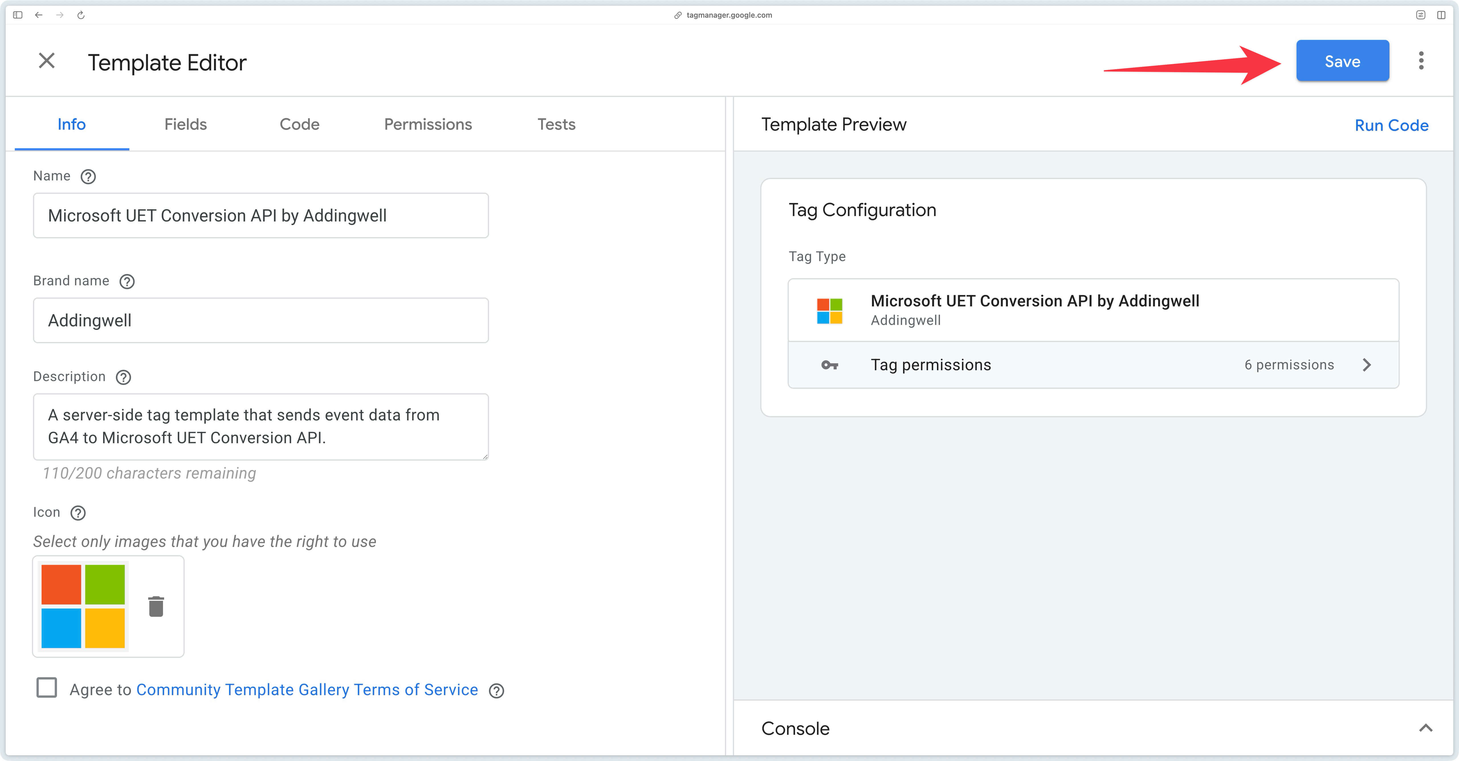 Saving the Addingwell Microsoft UET Conversion API tag