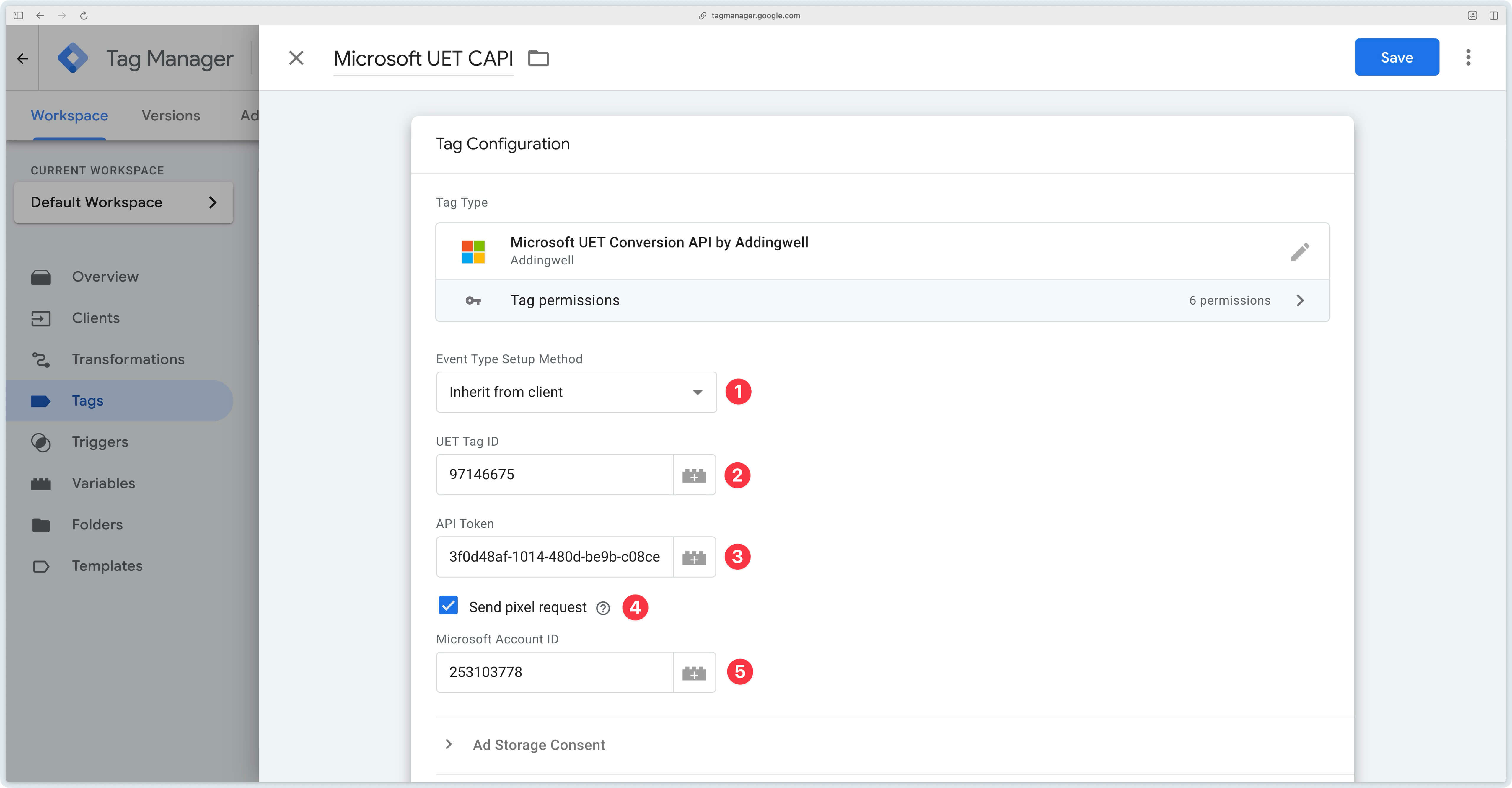 Configuring the Addingwell Microsoft UET Conversion API tag