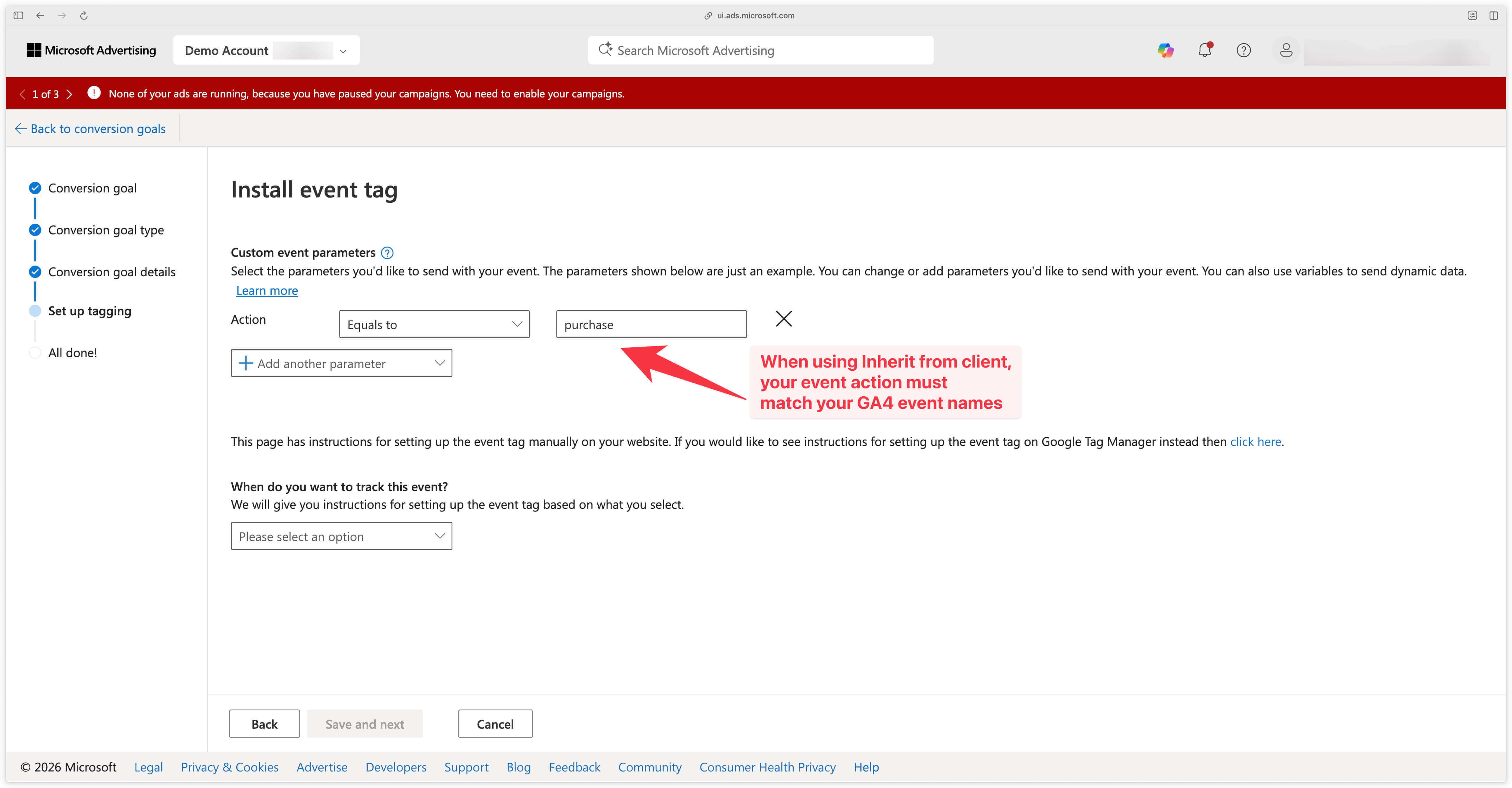Microsoft Ads conversion goal for the GA4 purchase event