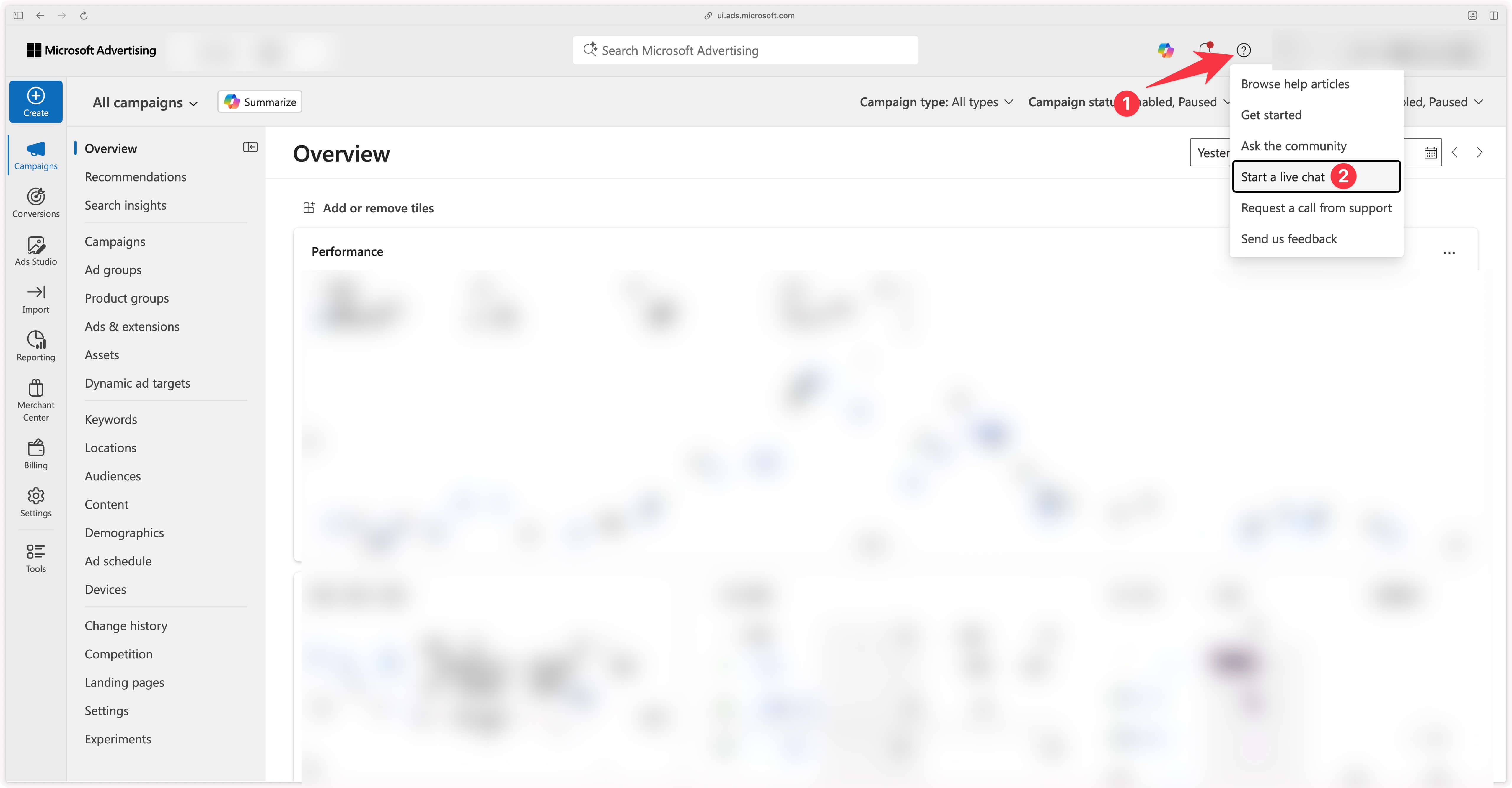 Button to start a chat with Microsoft Ads support