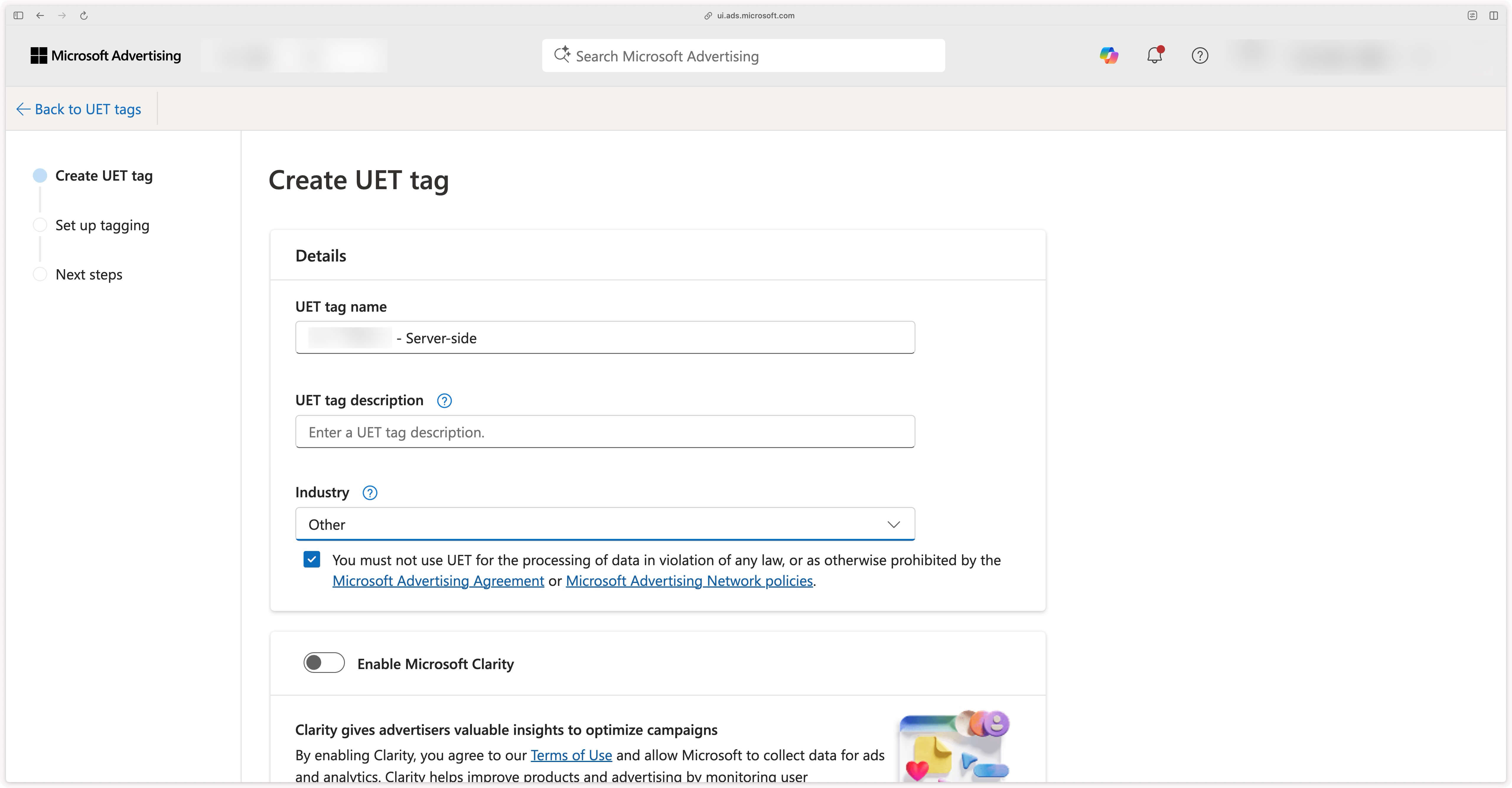 Step 1 of UET Tag creation