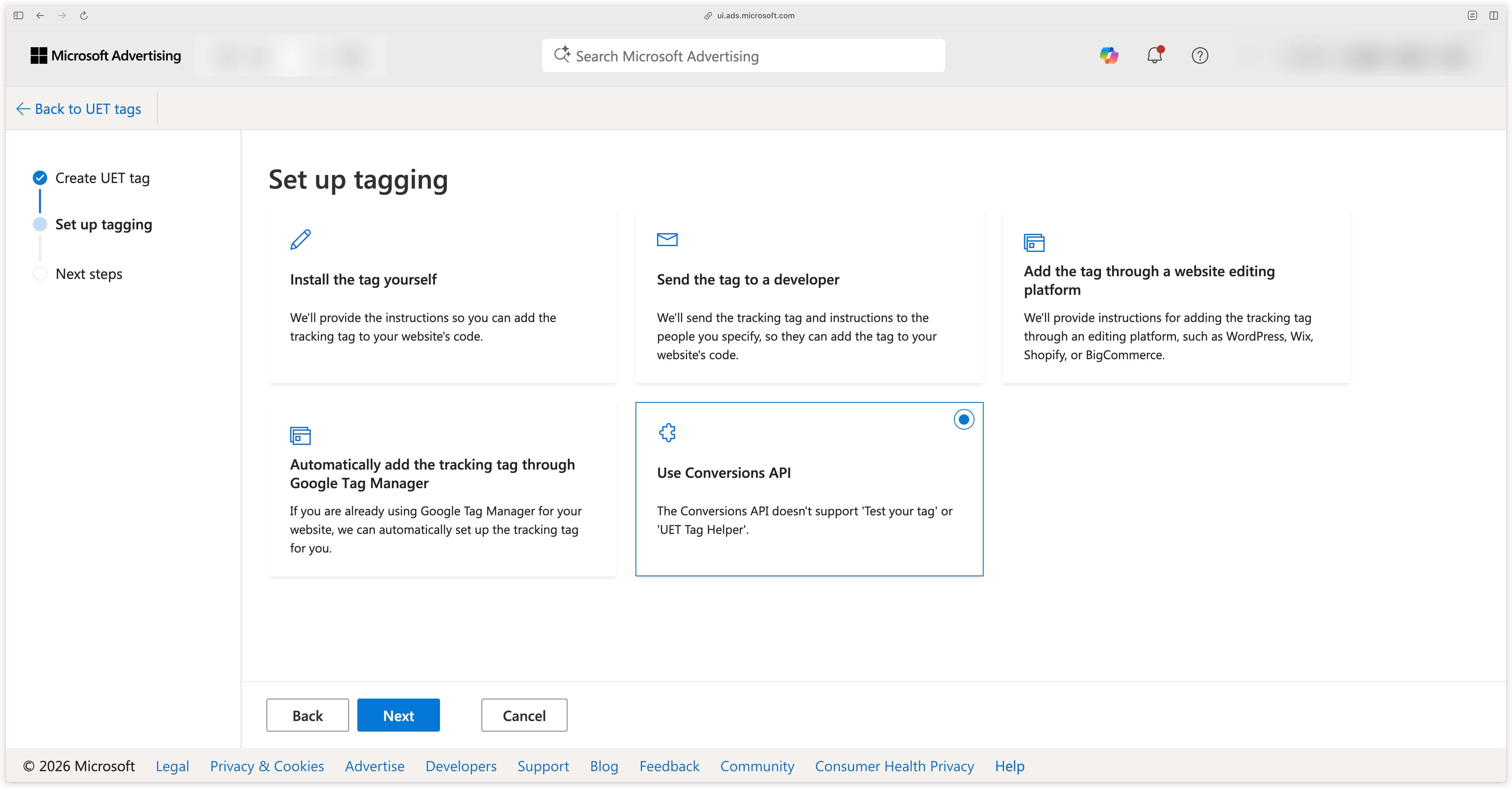 Step 2 of UET Tag creation