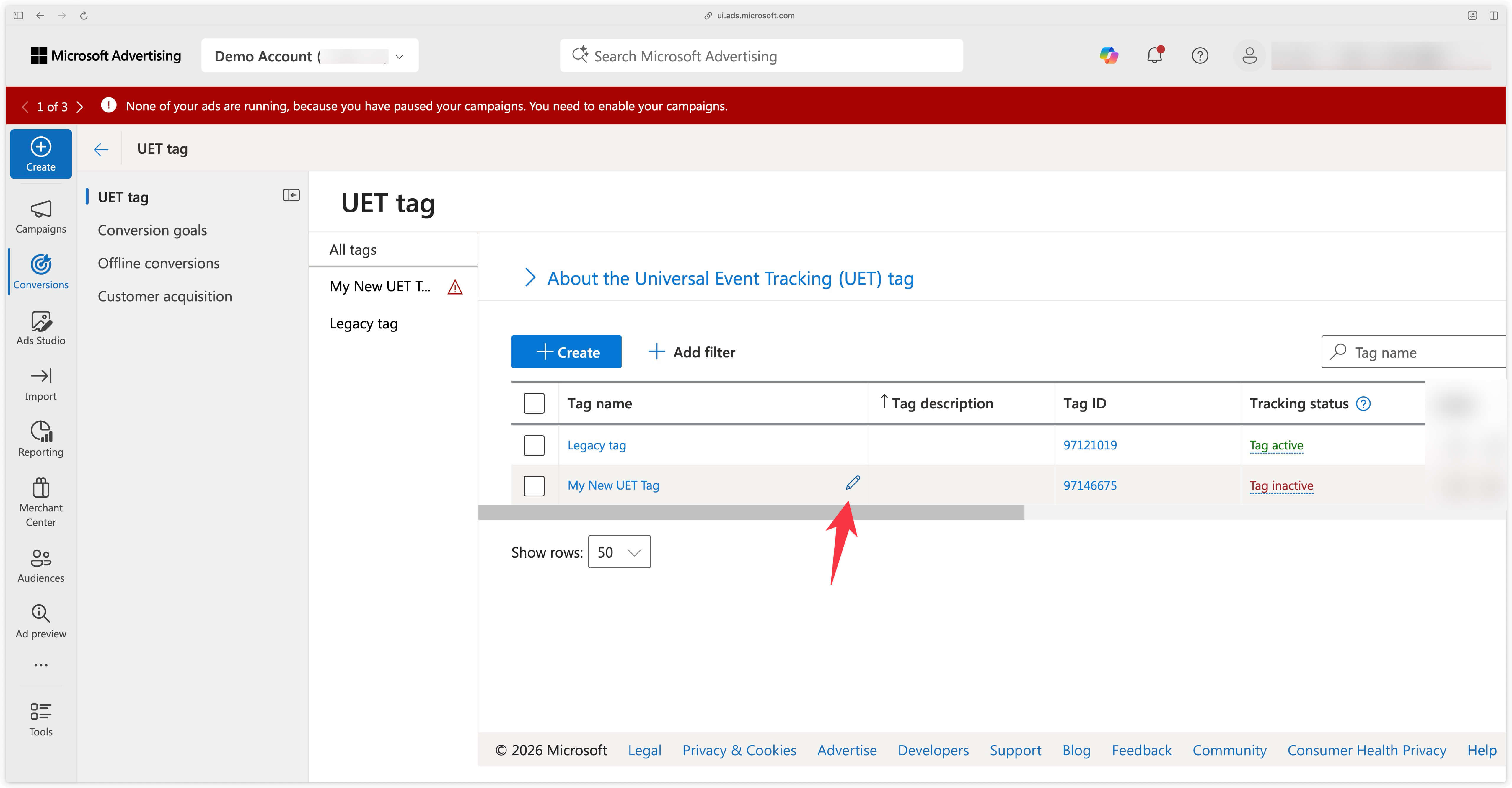 Pencil button to edit a UET Tag configuration
