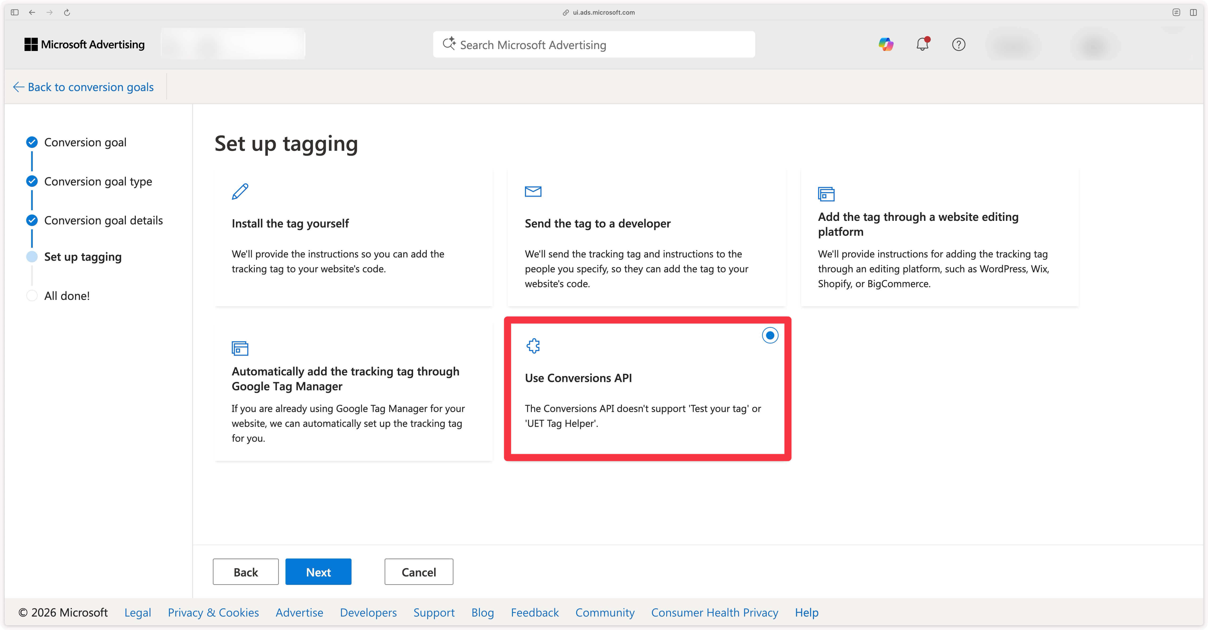 Option to use the Conversion API in a conversion goal