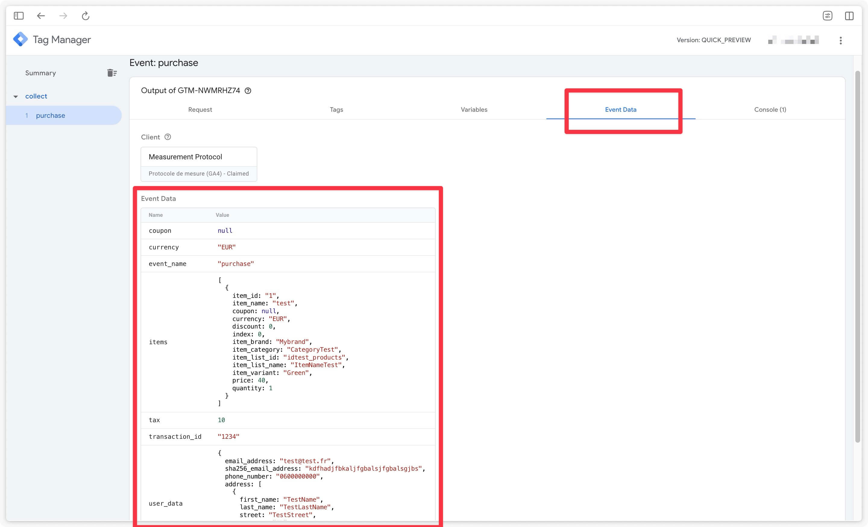 Preview in GTM Server of an offline event request and event data