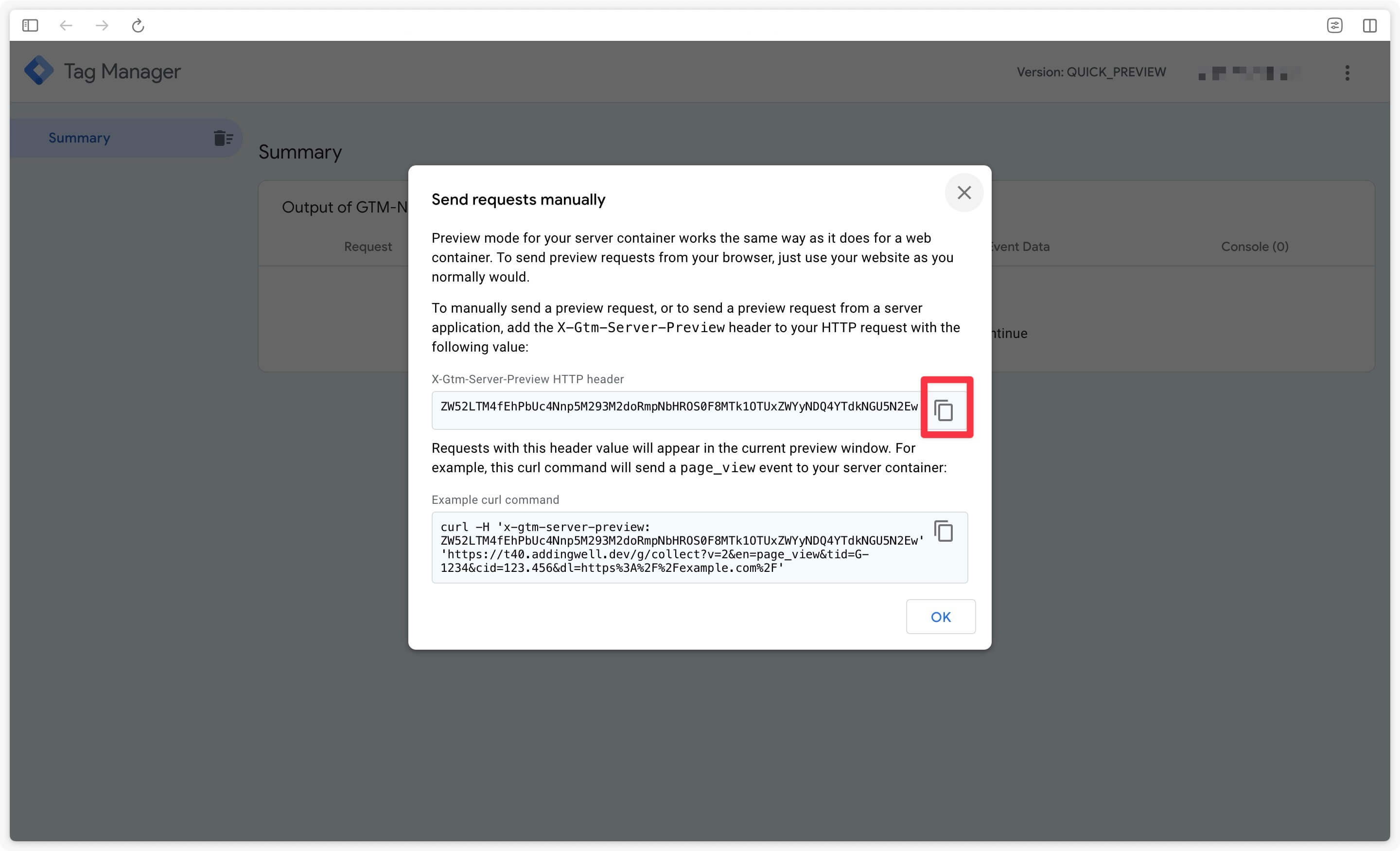 Preview HTTP Header for GTM server