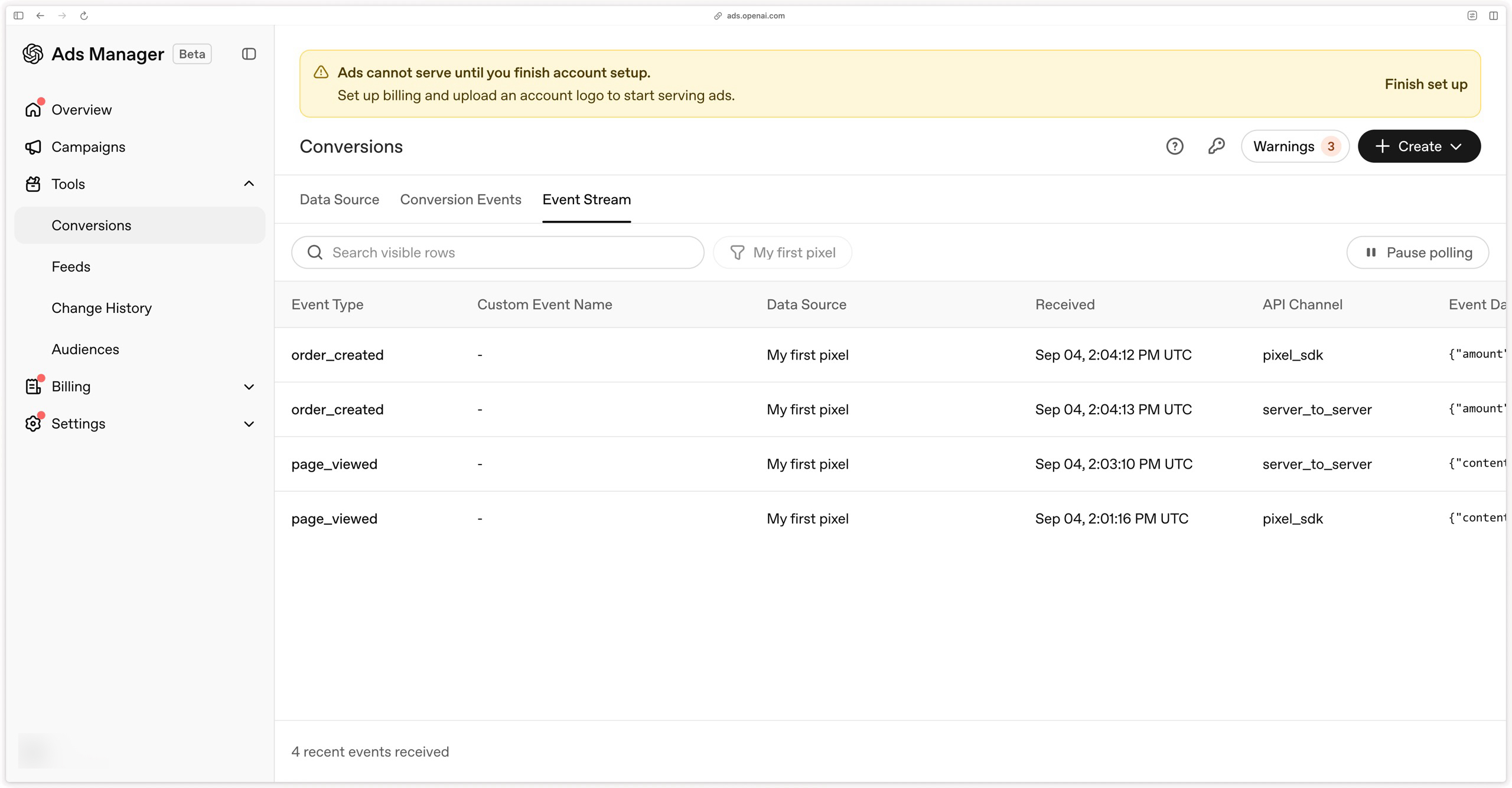 Verify data received via the OpenAI Conversions API and the OpenAI pixel