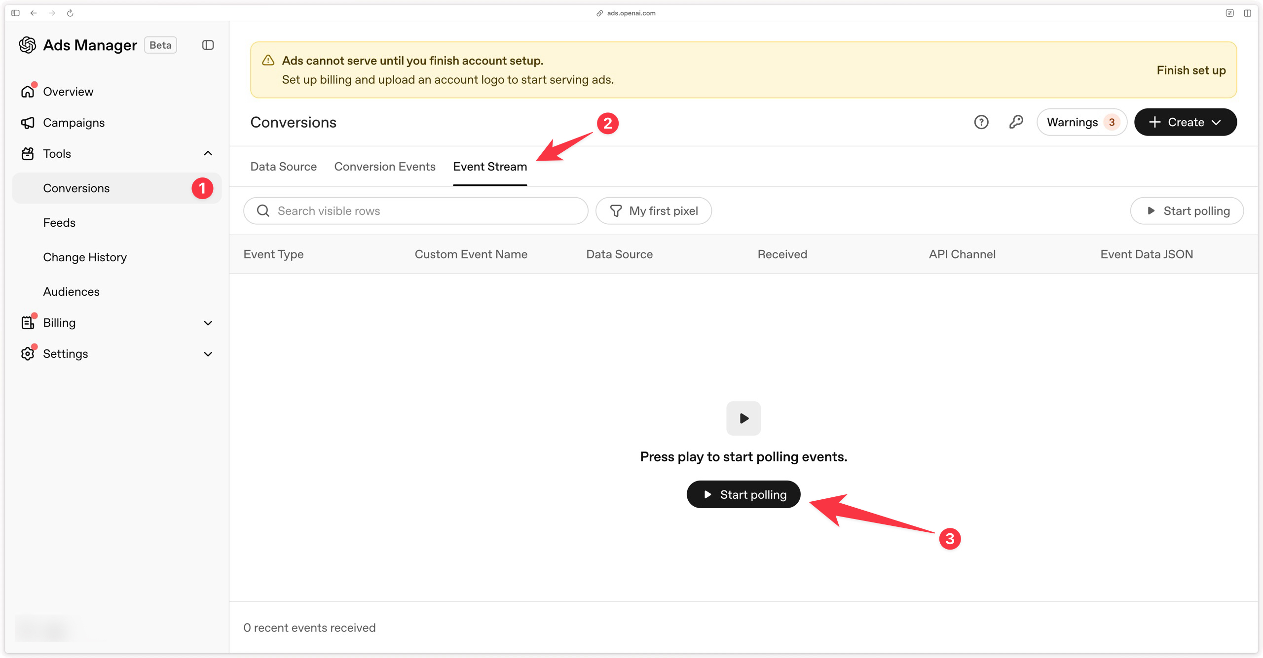 Start polling events button in OpenAI Ads Manager