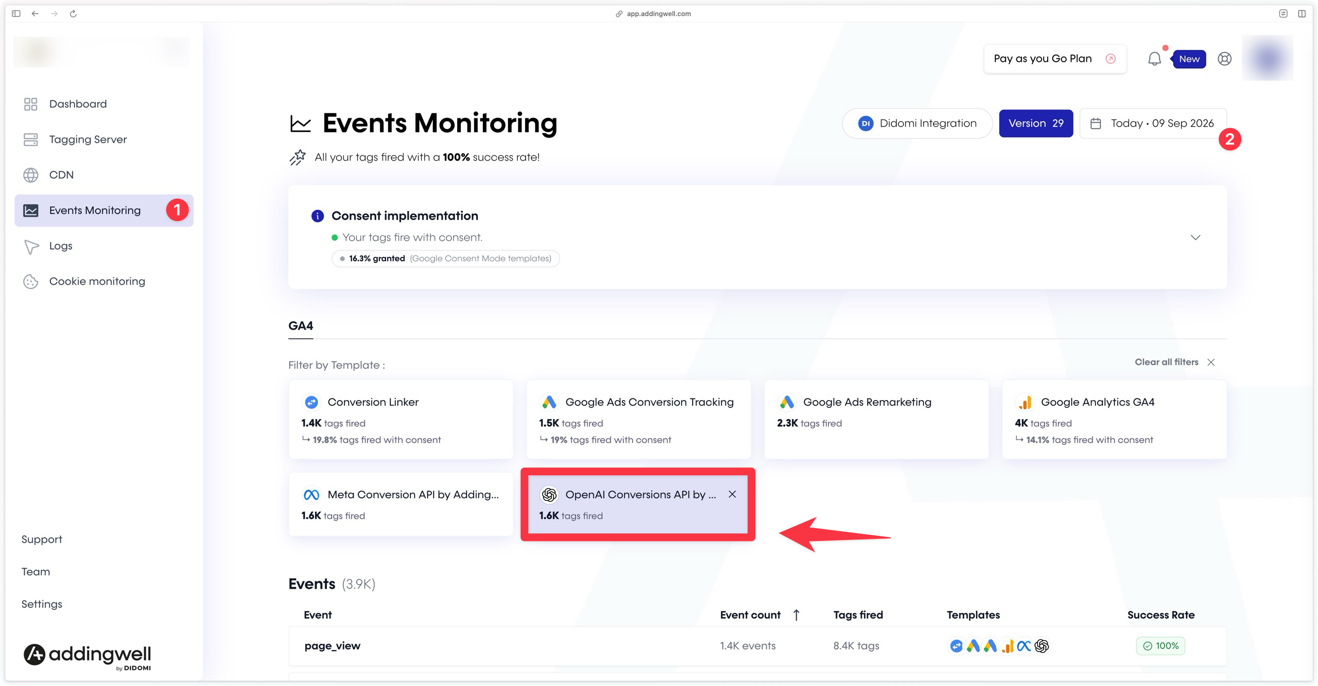 Verify OpenAI Conversions API requests in the Addingwell container via Events Monitoring