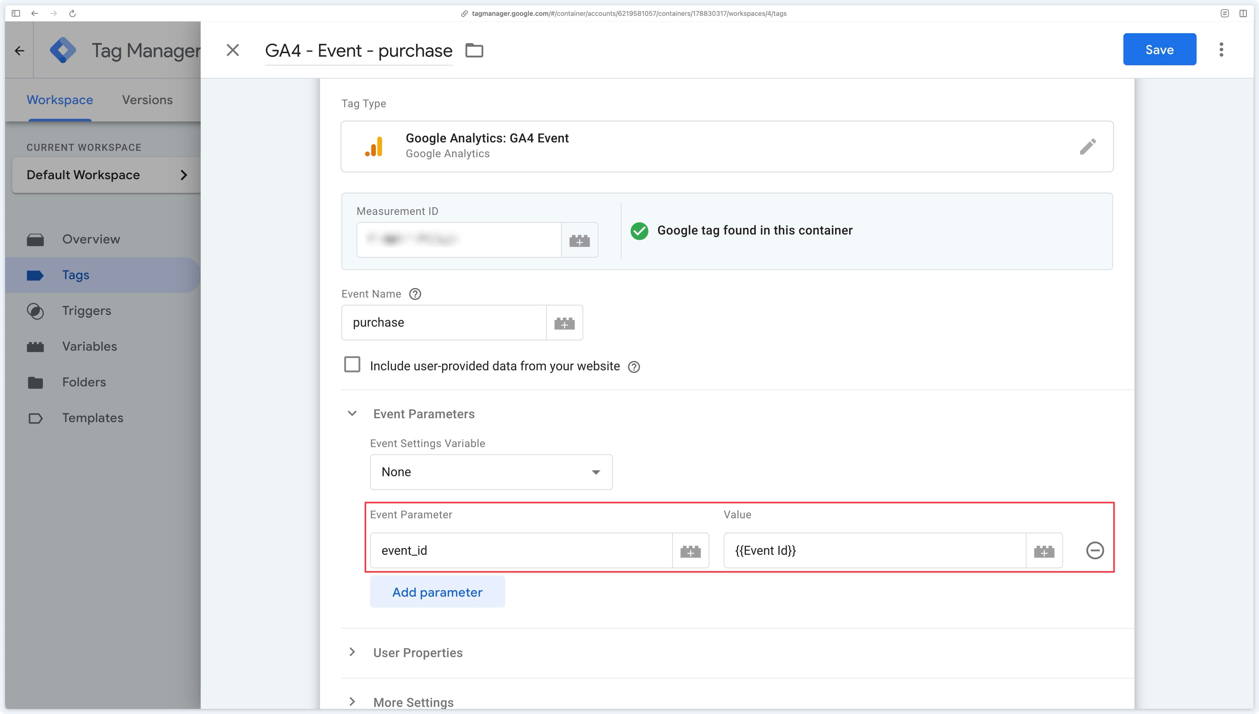 event_id parameter configured in a GA4 Event tag