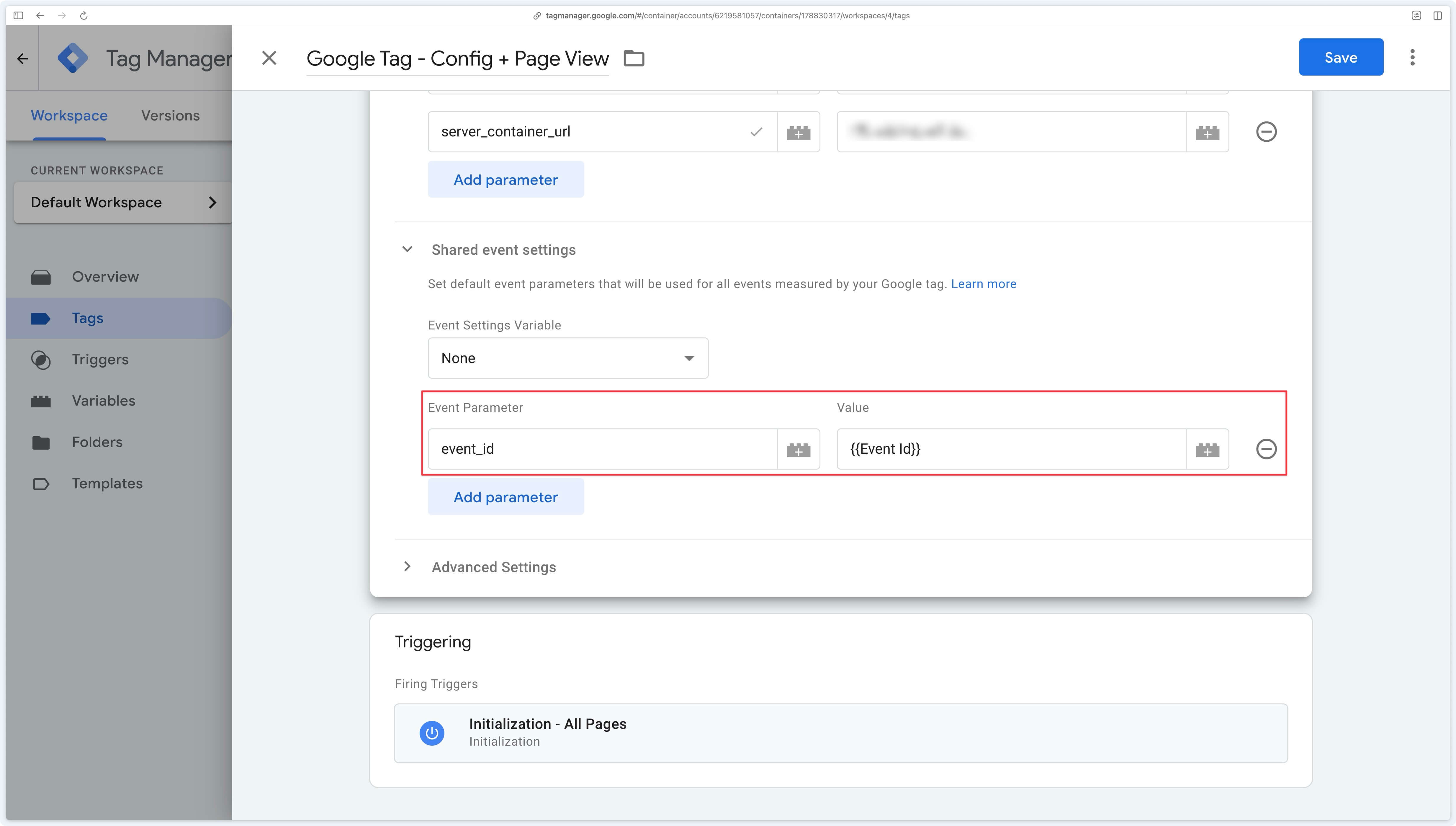 event_id parameter configured in the Google Tag