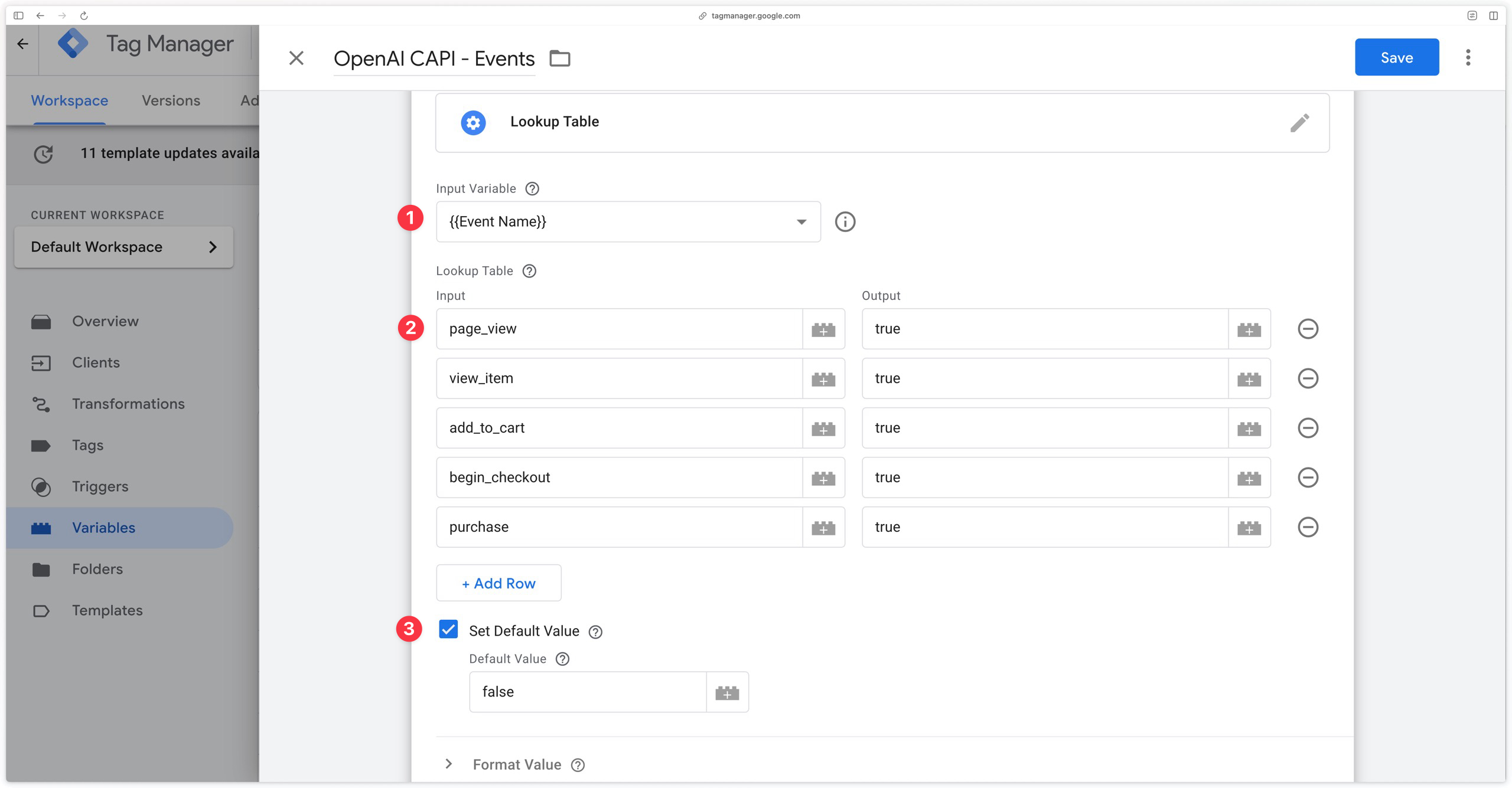 Configuring a lookup table in Google Tag Manager Server-Side