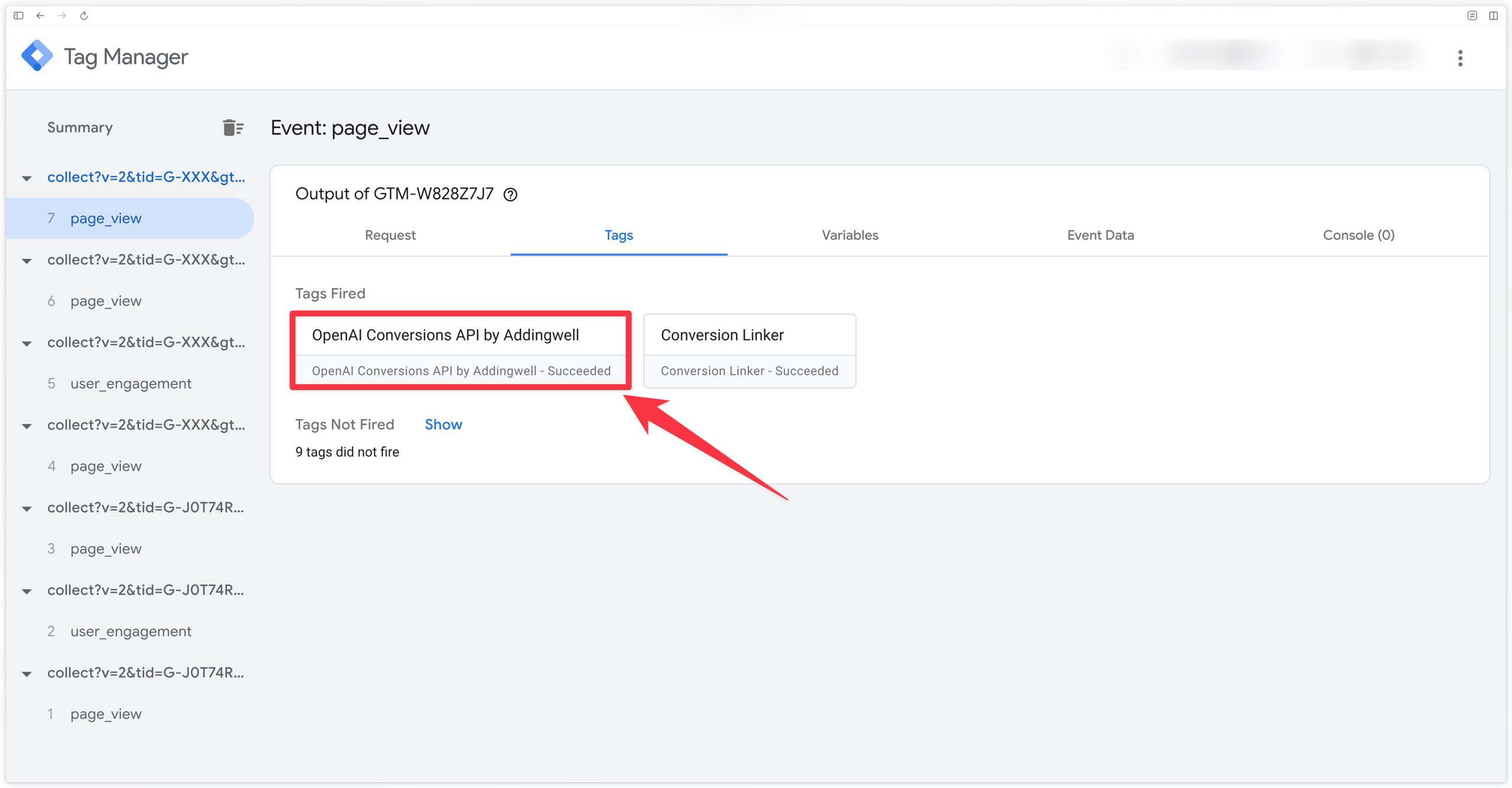 Verify the OpenAI Conversions API tag firing server-side