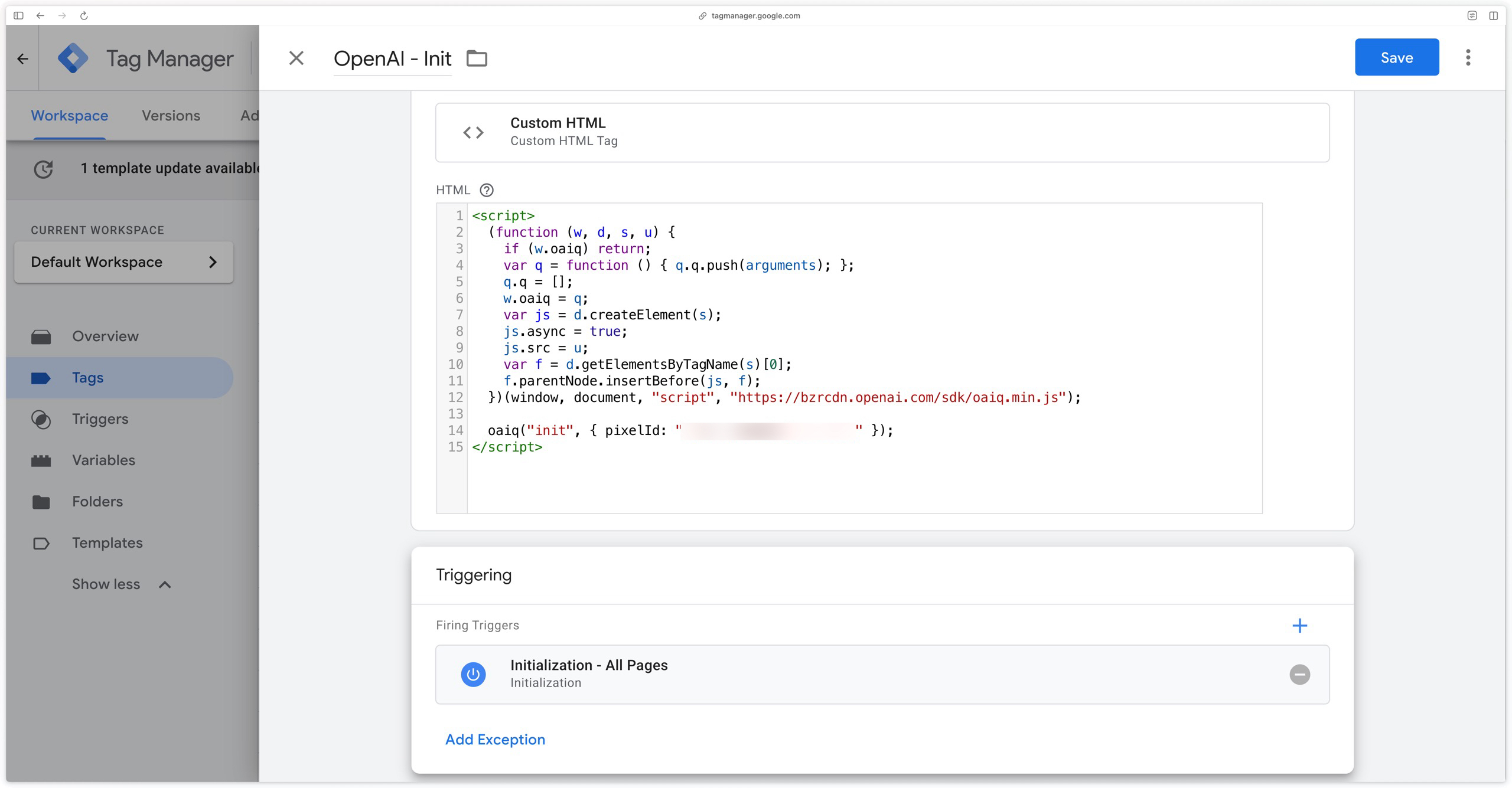 Custom HTML tag initializing the OpenAI pixel