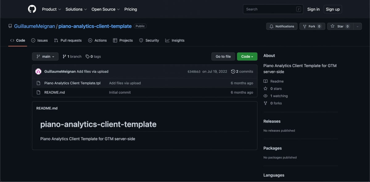 Piano Analytics client template file on Github