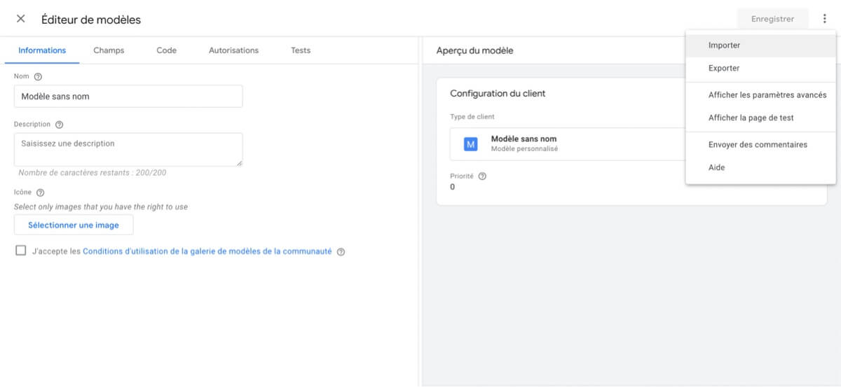 Import d'un nouveau modèle de client dans Google Tag Manager