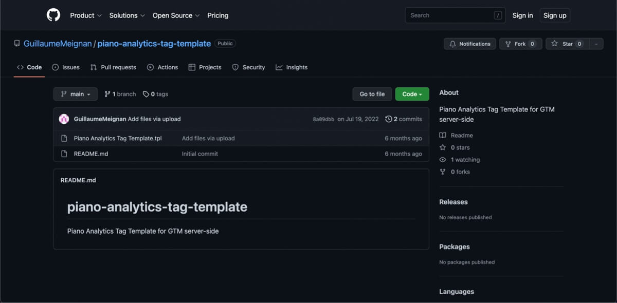 Piano Analytics tag template file on Github