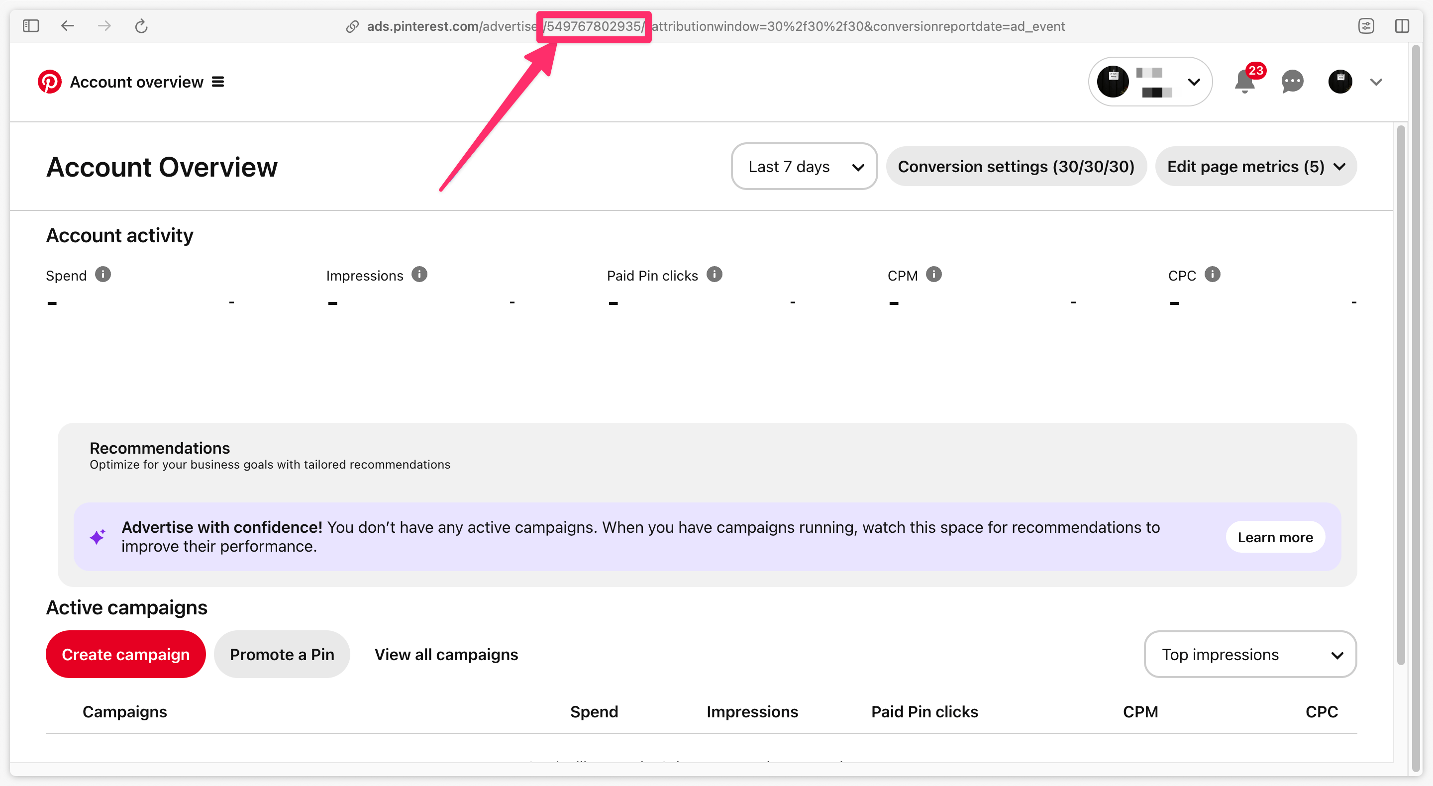 Find your Pinterest Advertiser ID from URL