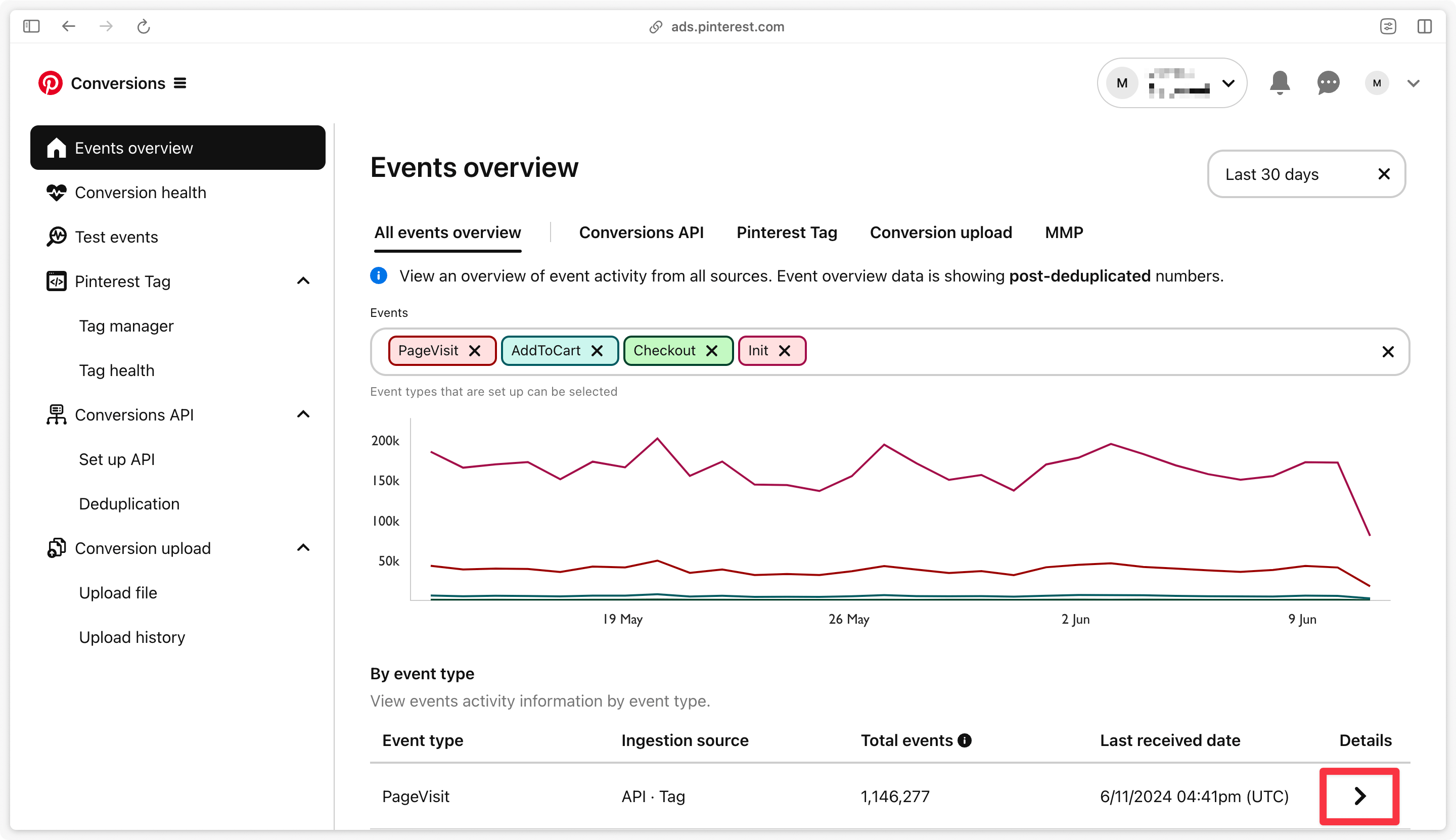 Vérifier dans Pinterest de détails des données reçues via Pinterest CAPI et le pixel Pinterest 