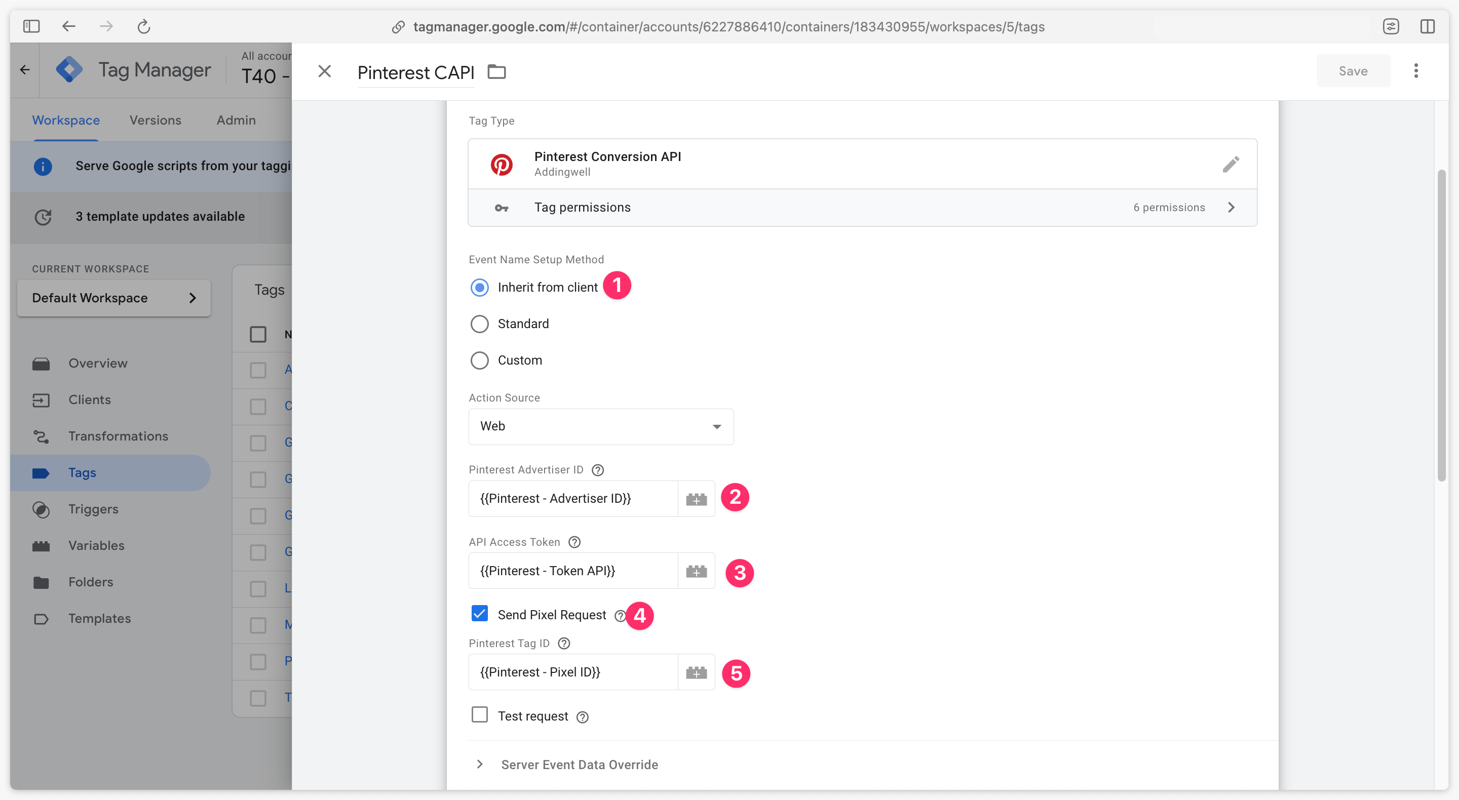 Pinterest CAPI tag configuration server-side Addingwell