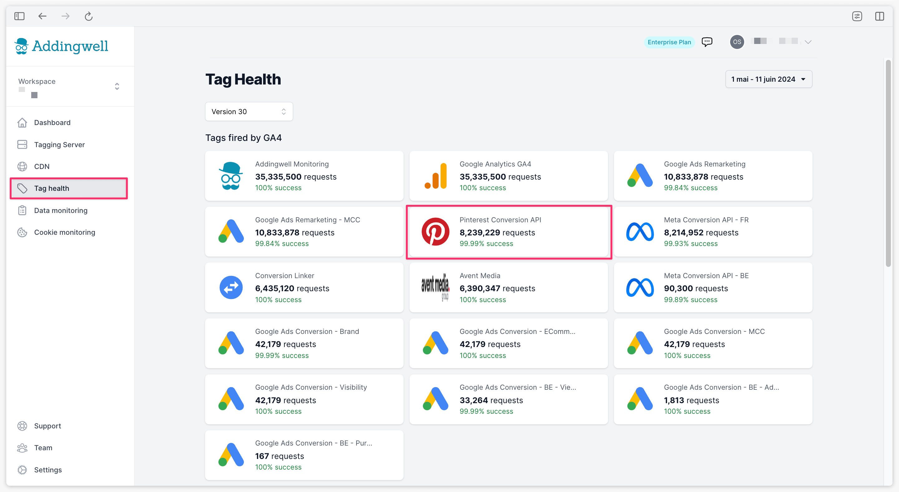 Vérifier les requêtes Pinterest Conversions API sur l'espace de travail Adddingwell