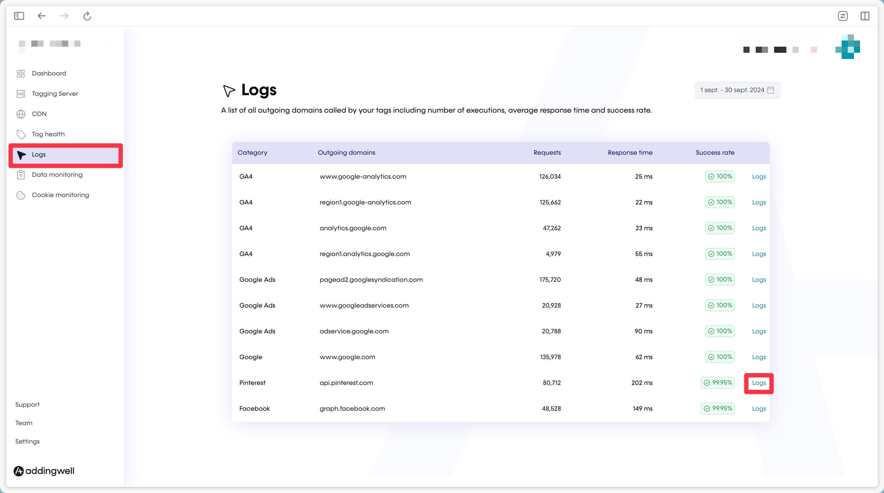 Detail of logs on Pinterest API Conversions requests via the Adddingwell Container 