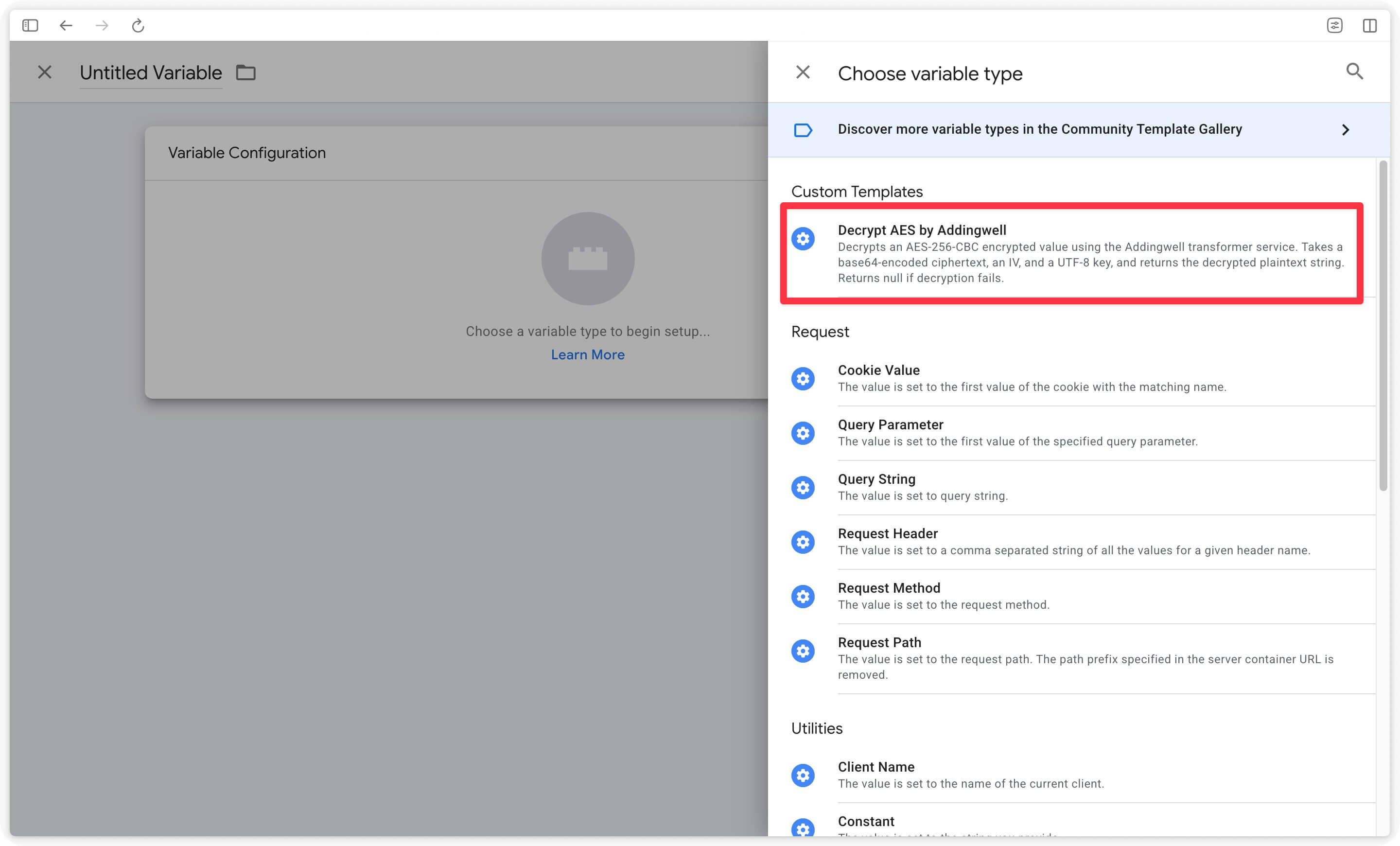 Choose the Decrypt AES variable template Server-Side by Addingwell