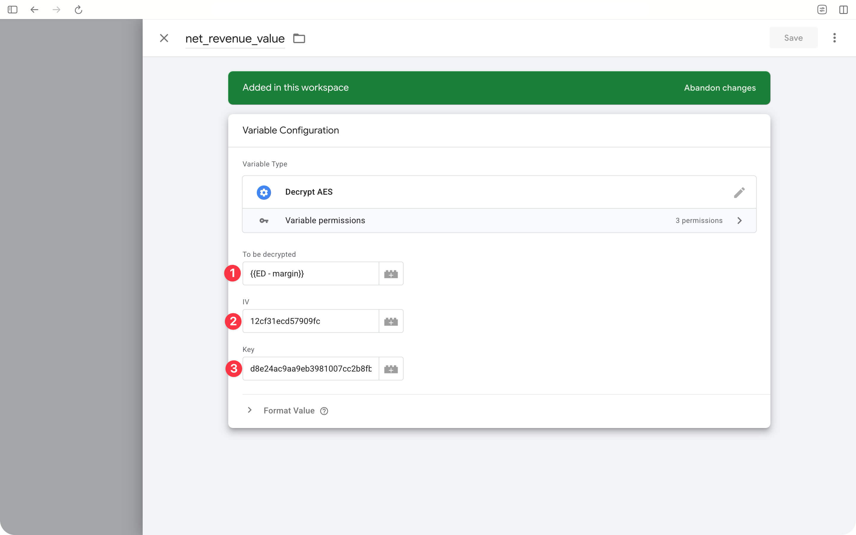 Setup of the Decrypt AES variable Server-Side by Addingwell