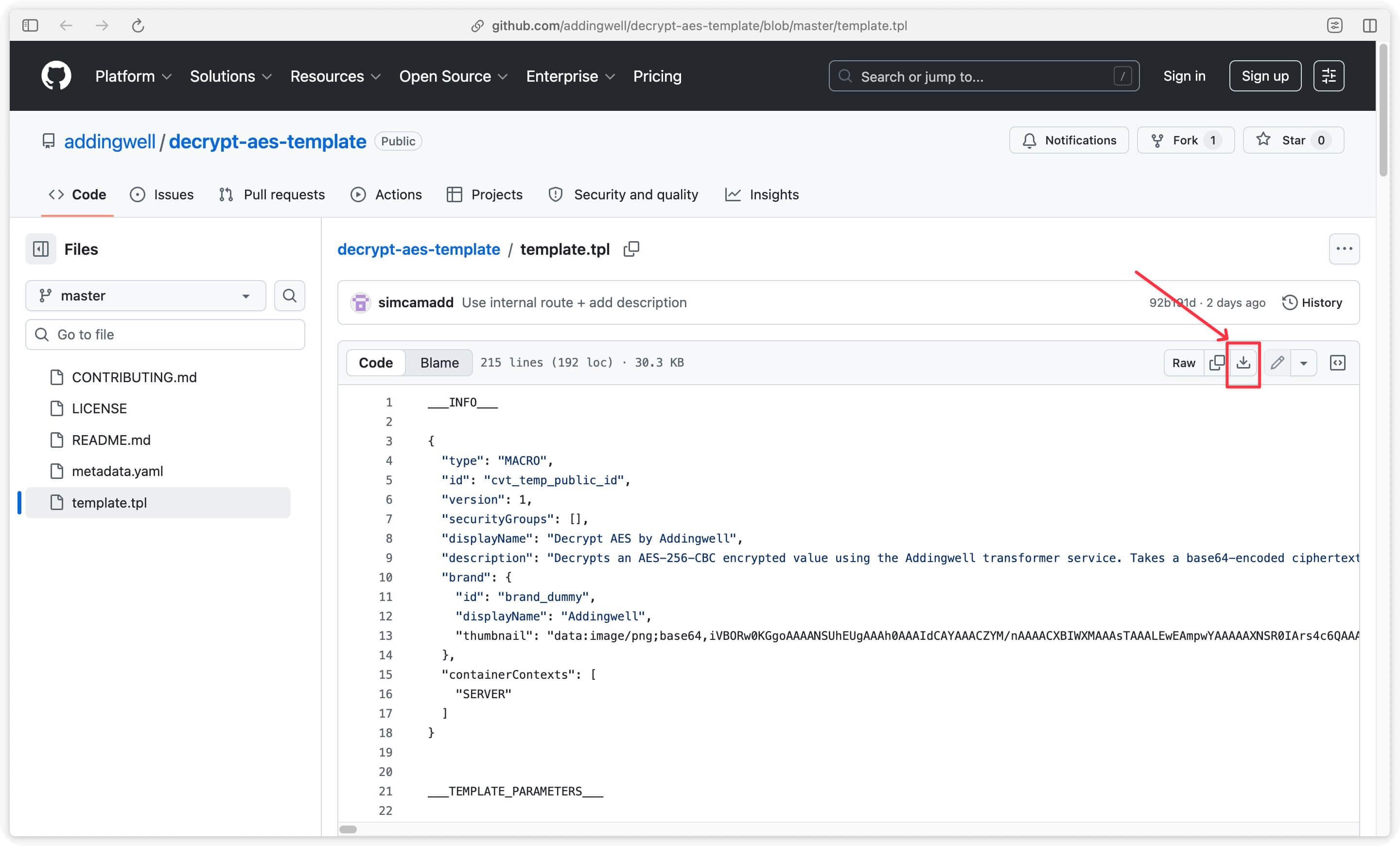 Download Addingwell Decrypt AES template from Github