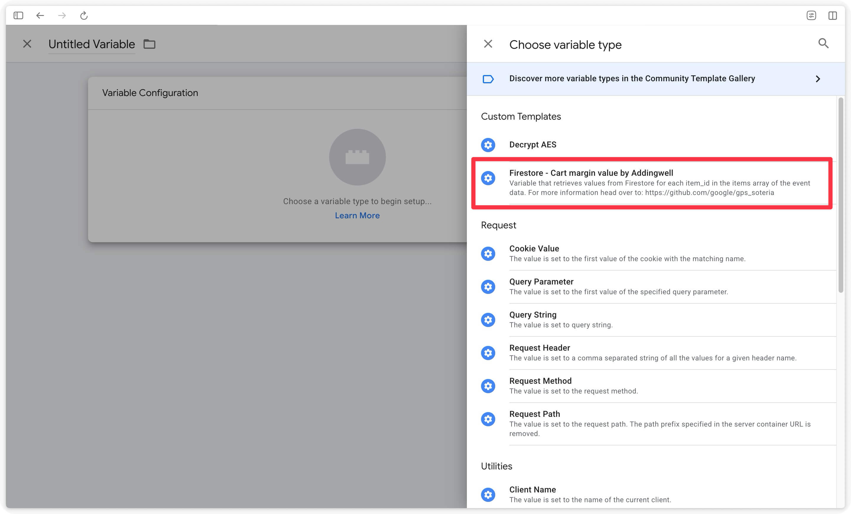 Select the Firestore - Cart margin value by Addingwell variable template