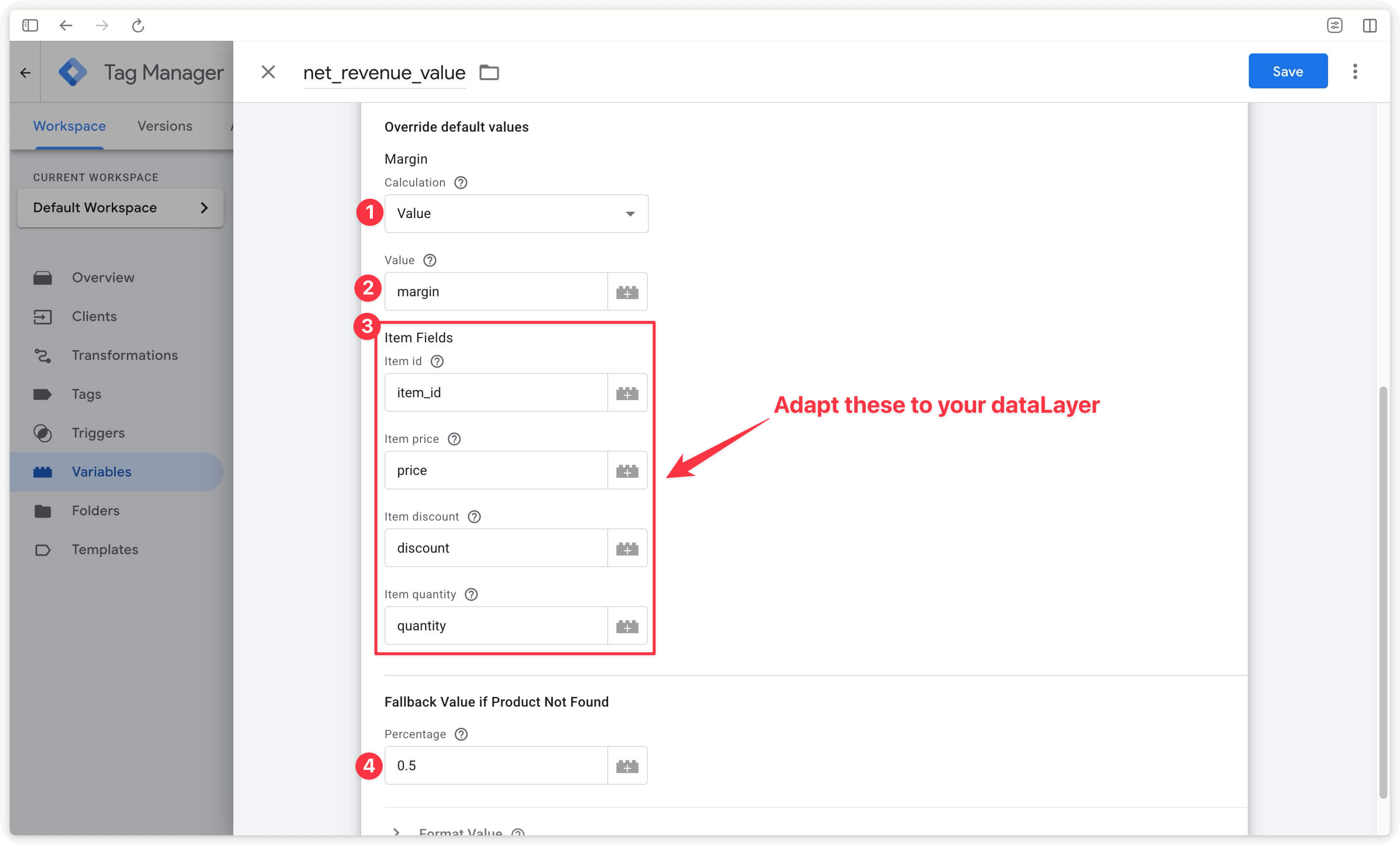 Map the correct DataLayer fields for the Firestore margin variable in your GTM Server
