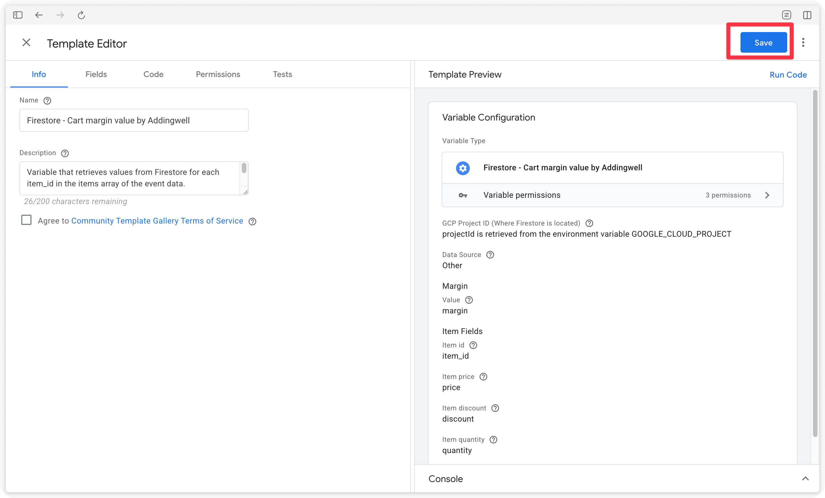 Save the Addingwell variable template for Firestore product margins