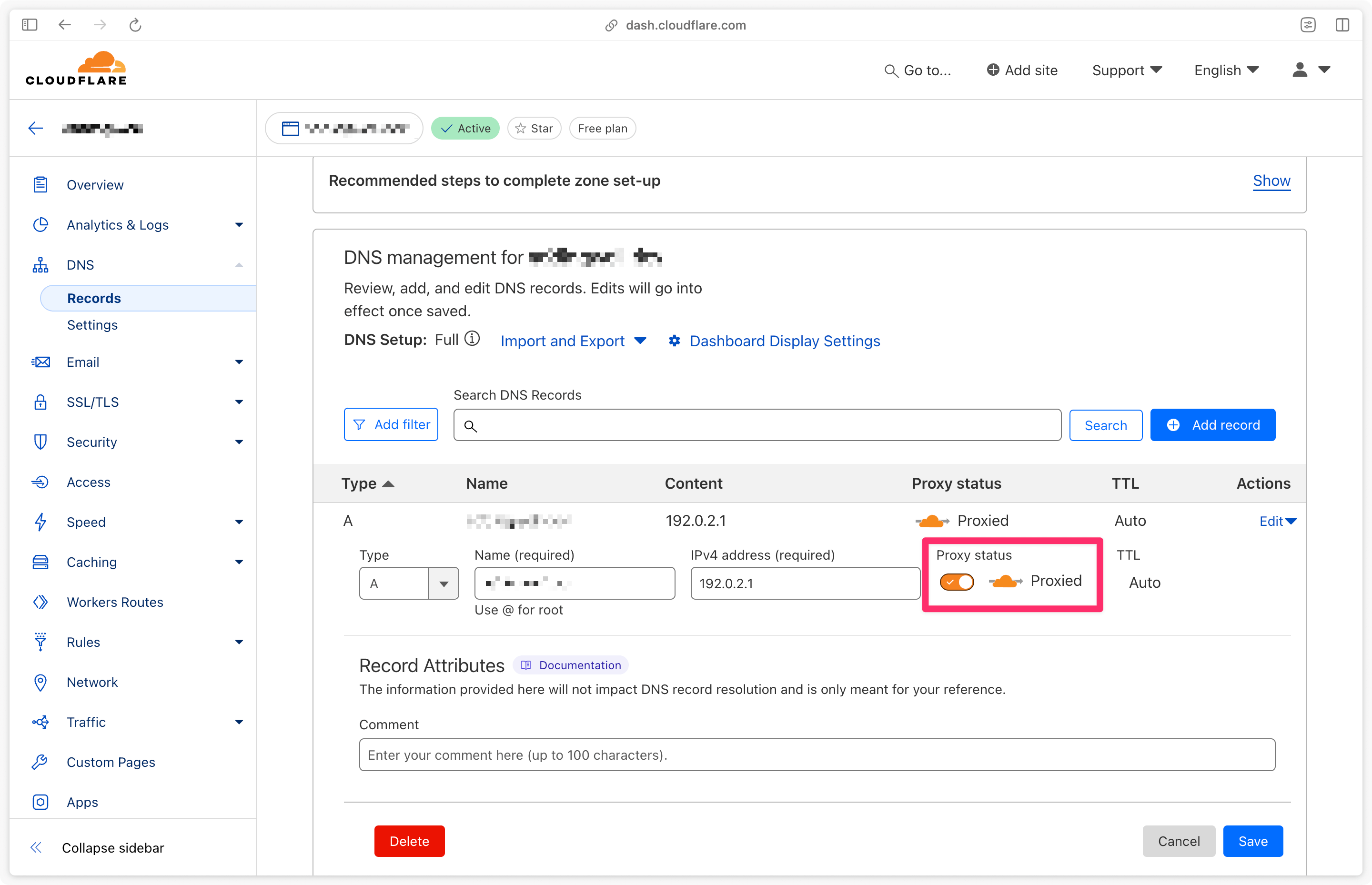 Activation du proxy Cloudflare sur DNS