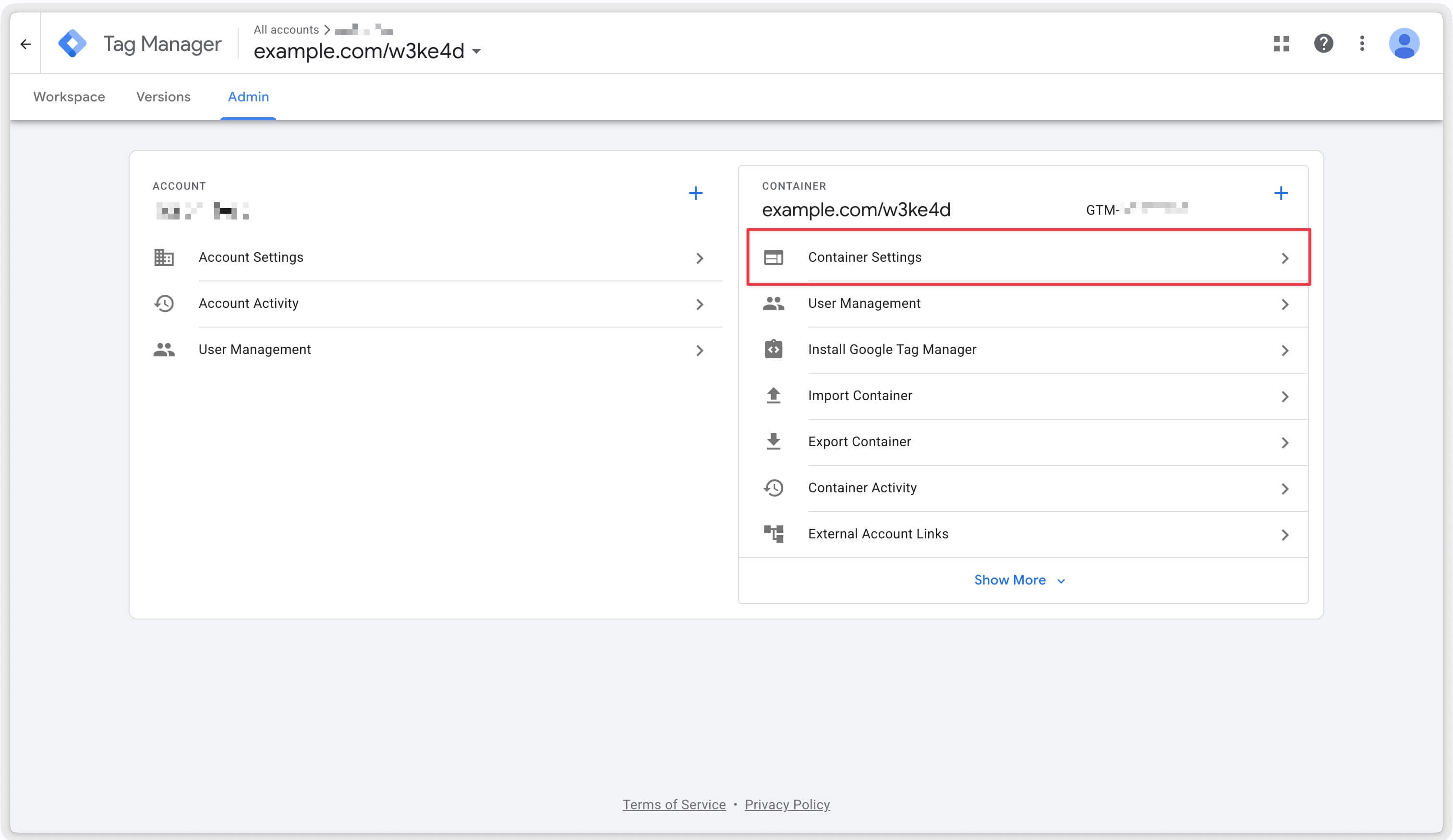 GTM Server Admin tab
