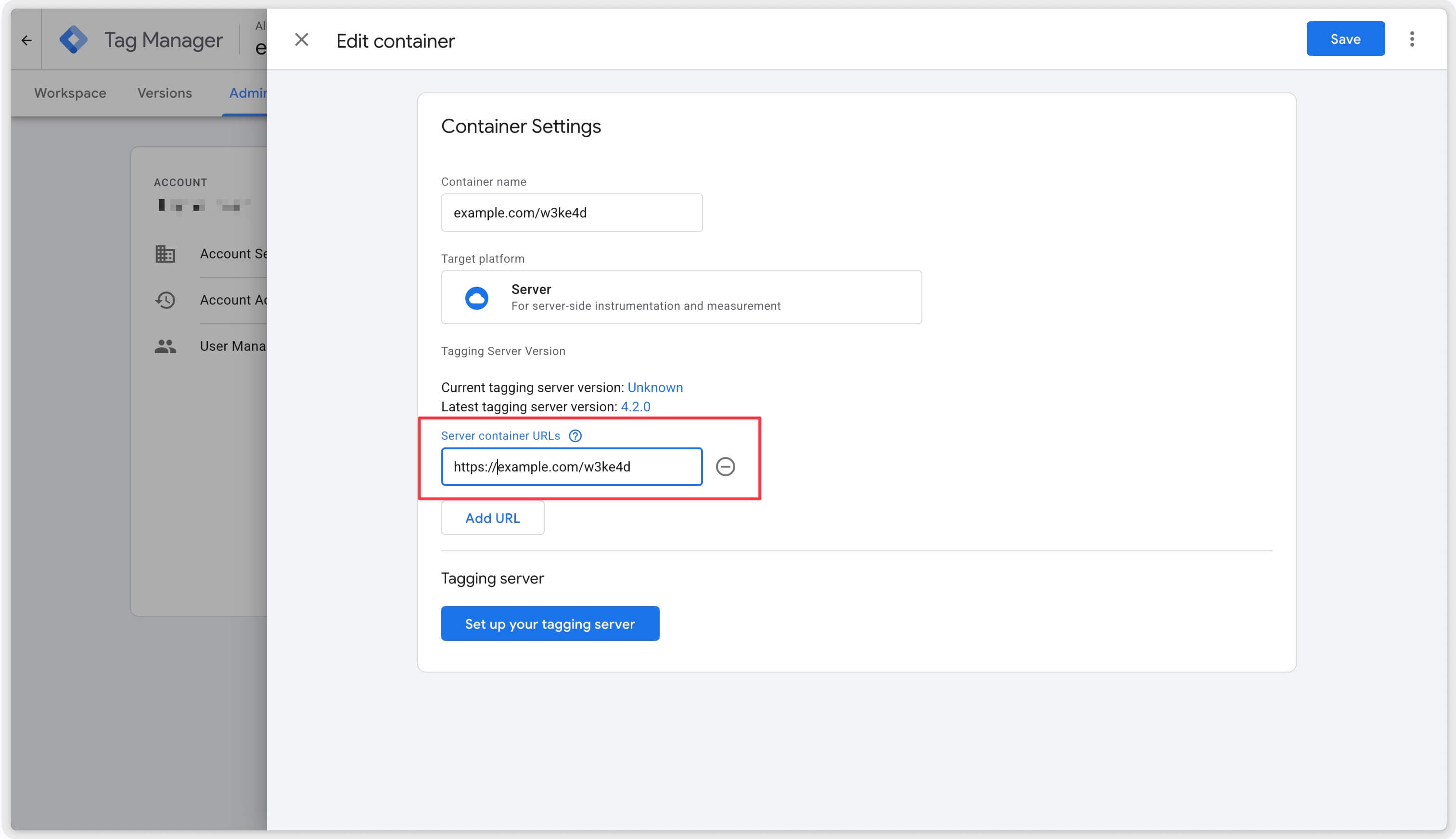 GTM Server Admin tab adapted with the server container url filled with the new path