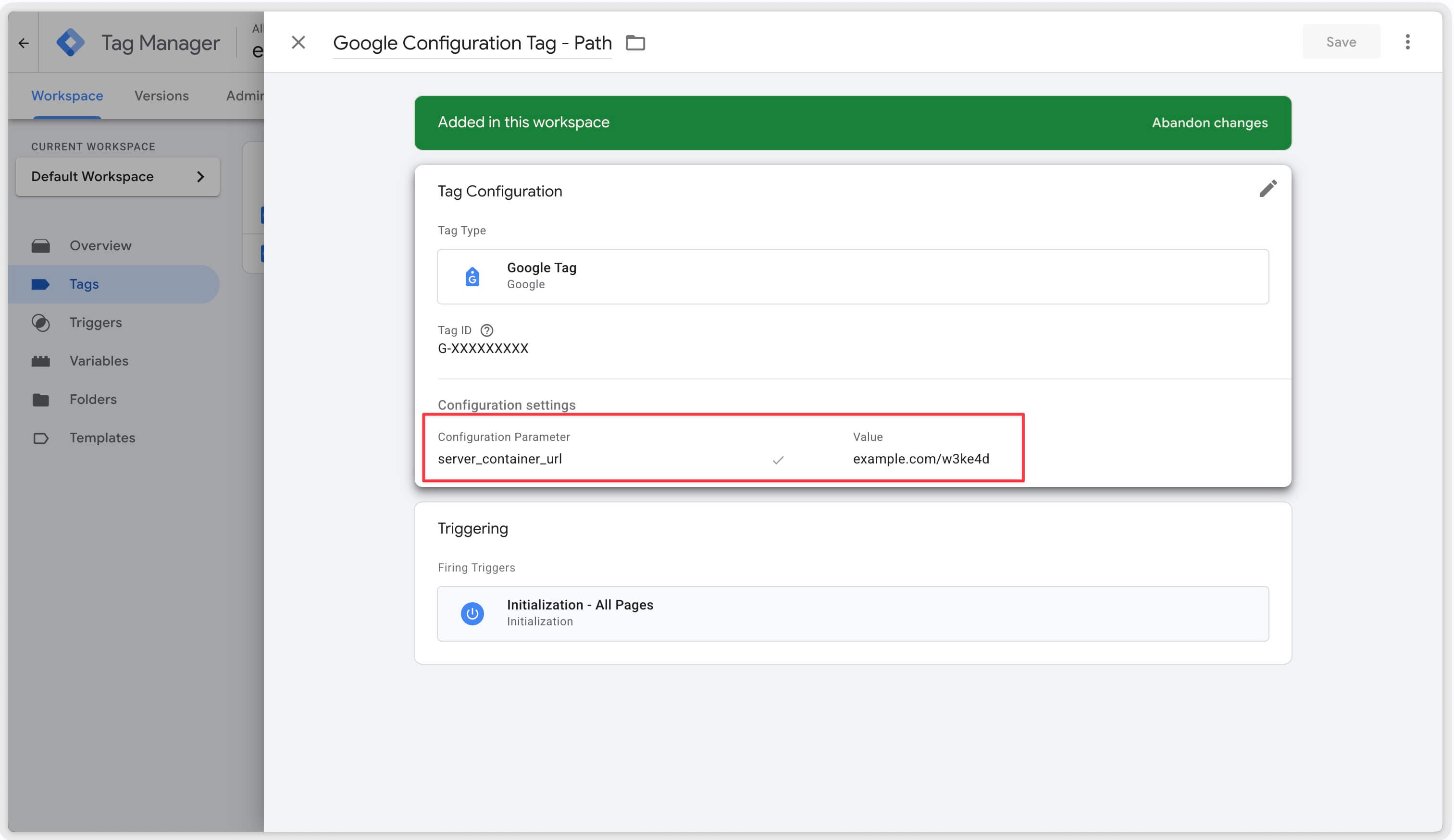 Google Configuration Tag adapted with the server container url filled with the new path