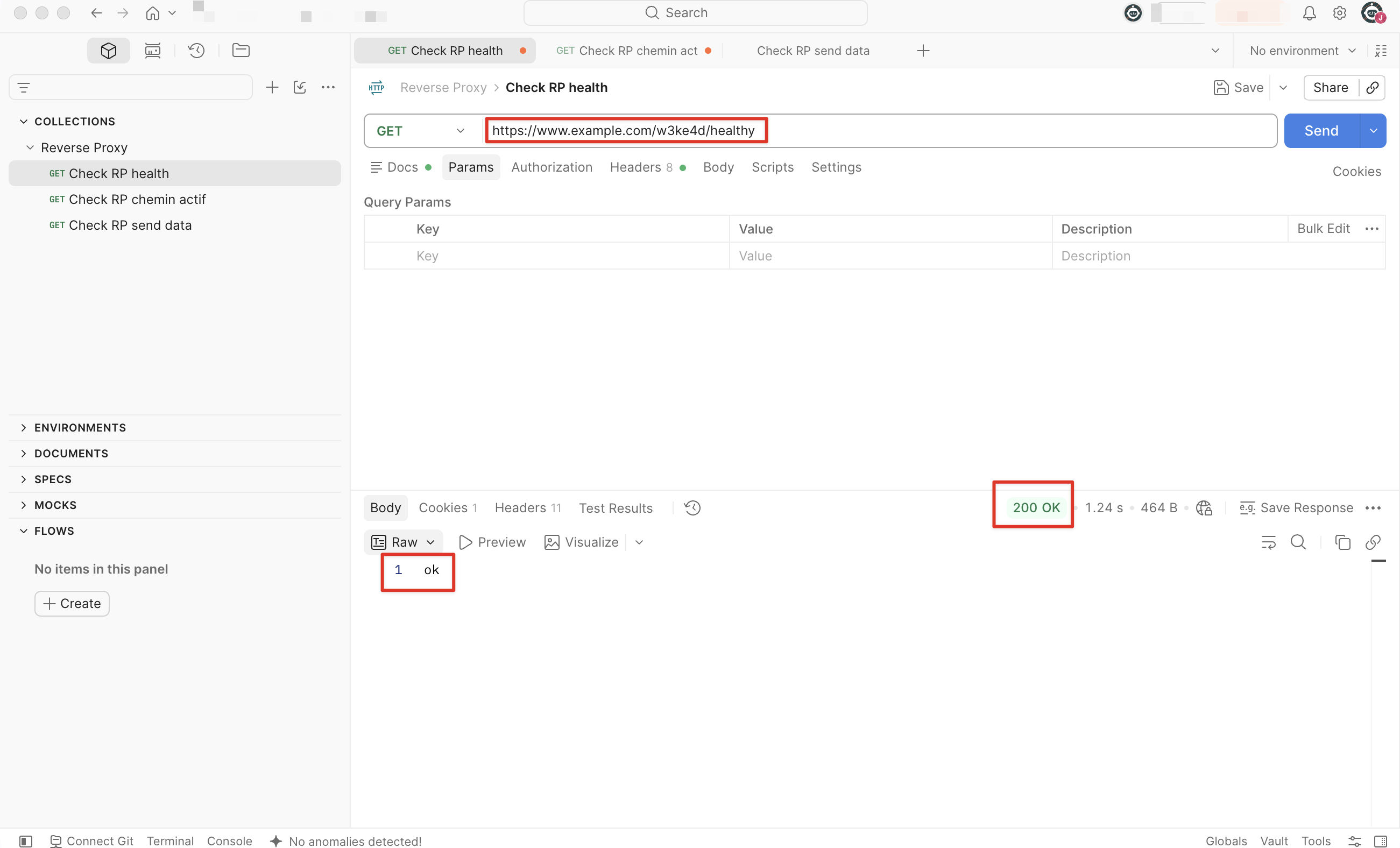 Postman showing a GET request to https://www.example.com/w3ke4d/healthy returning 200 OK with the response body ok