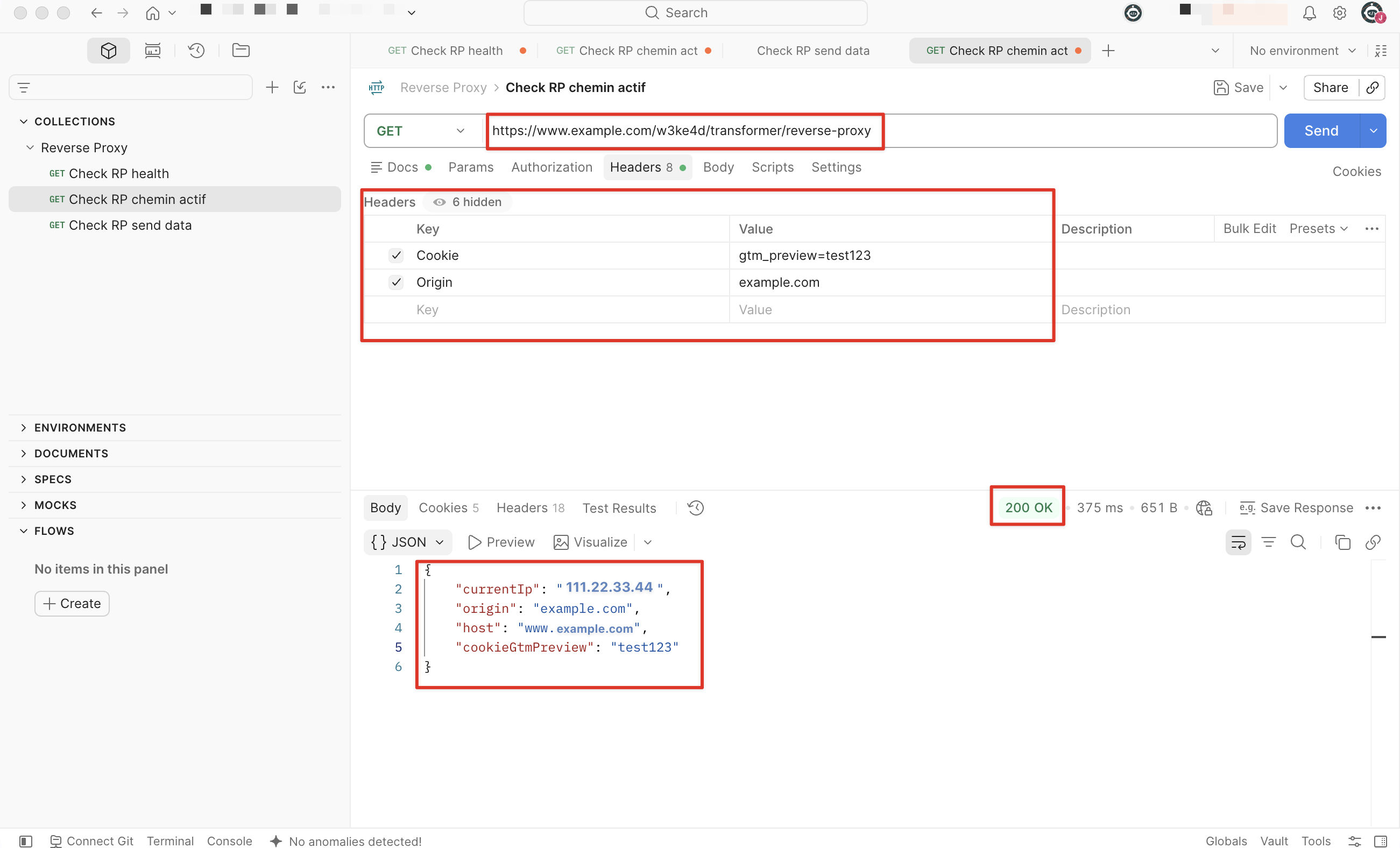 Postman showing a GET request to https://www.example.com/w3ke4d/transformer/reverse-proxy with Cookie and Origin headers, returning 200 OK and a JSON body with currentIp, origin, host set to www.example.com and the unchanged cookieGtmPreview value