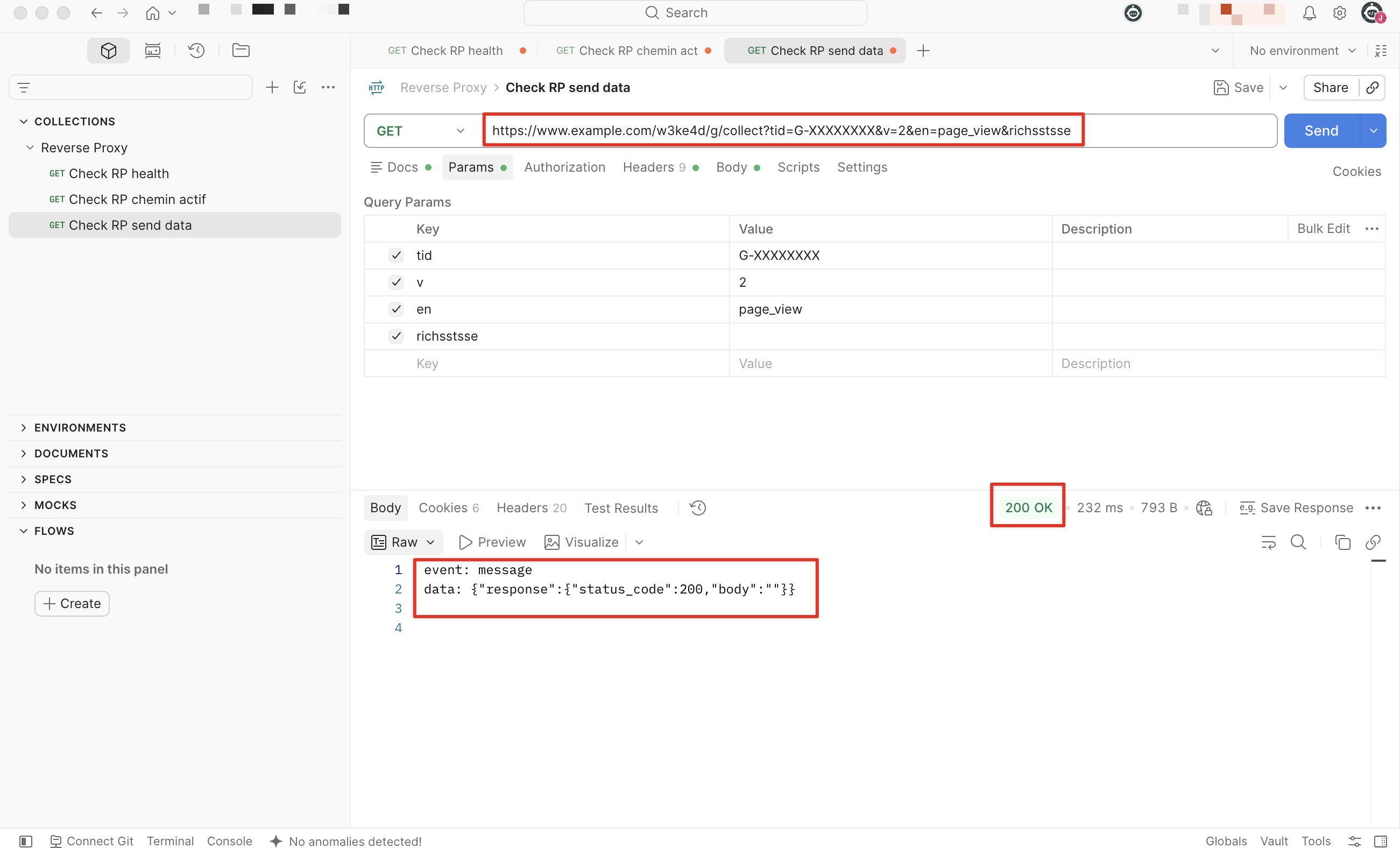 Postman showing a GET request to https://www.example.com/w3ke4d/g/collect with the tid, v, en and richsstsse parameters, returning 200 OK and a response body with status_code 200